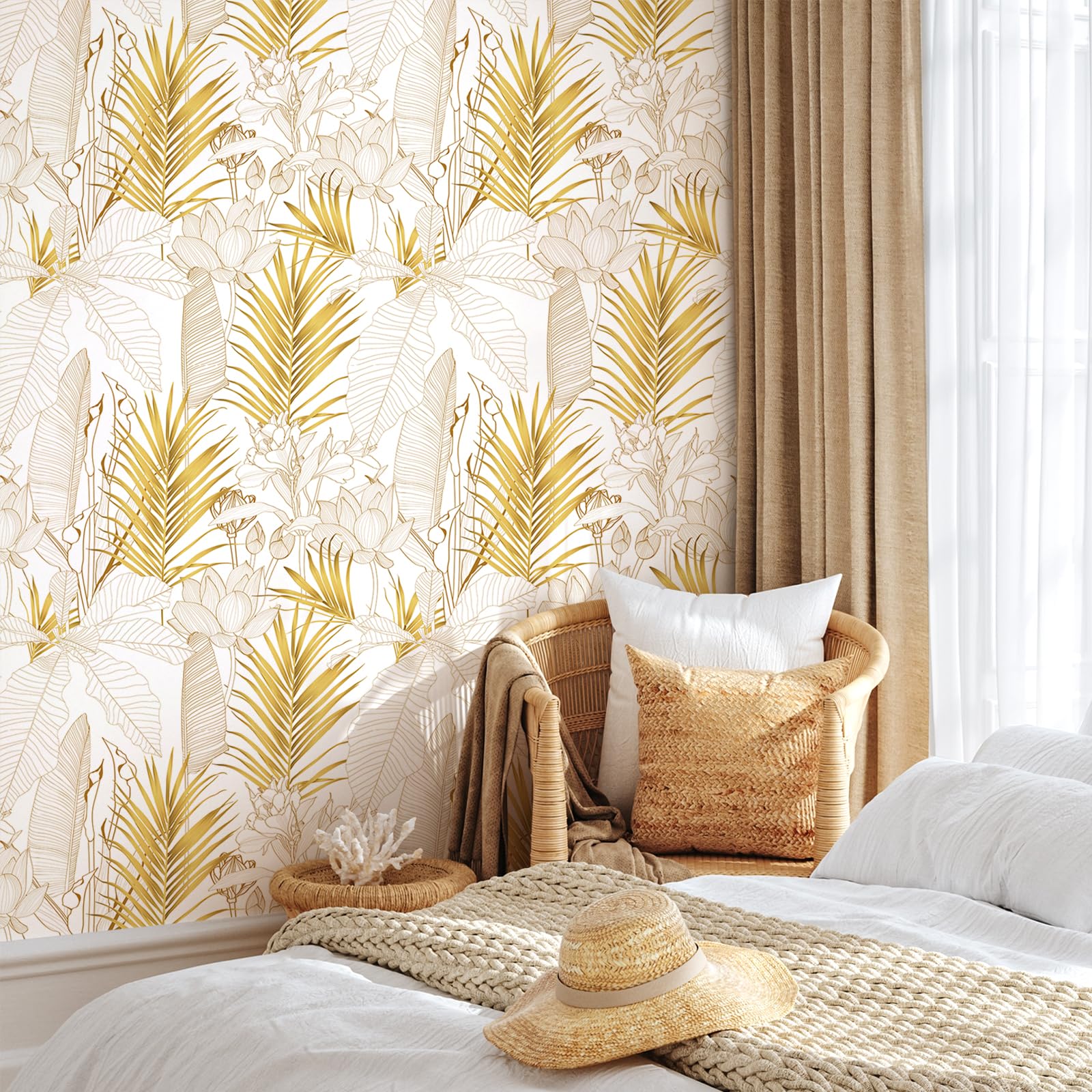 VEELIKE Papel Pintado Flores Loto Oro Boho 44,5 cm × 900 cm Papel Pintado Hojas Palmera Dorado Tropicales Murales Decorativos Pared Dormitorio Salon Vinilo Adhesivo Pared Habitación Extraíble