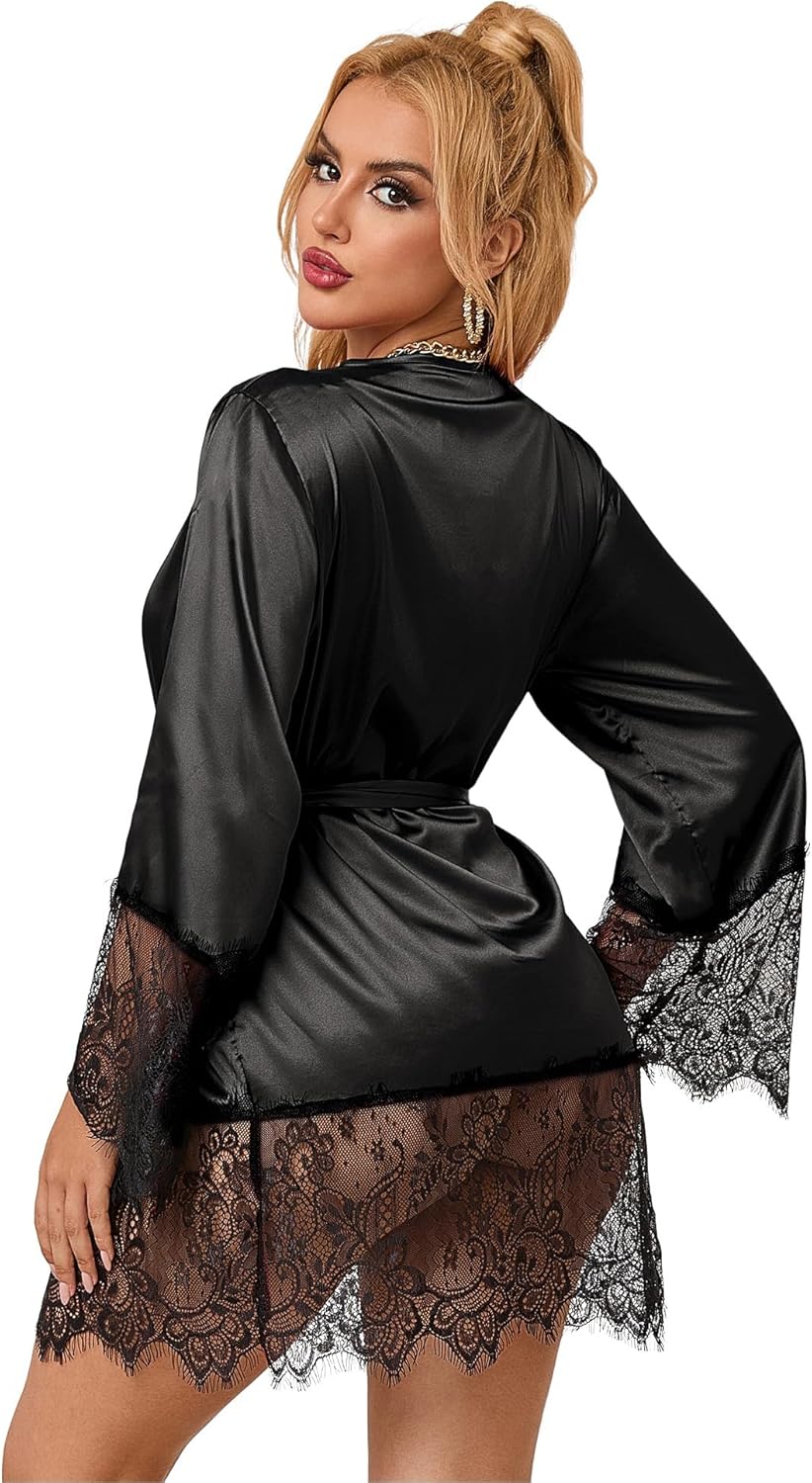 ohyeah Silk Satin Robe Lace Trimed Kimono Robes Plus Size Silky Bathrobe Sexy Lingerie for Women Short Bridal Party Robe