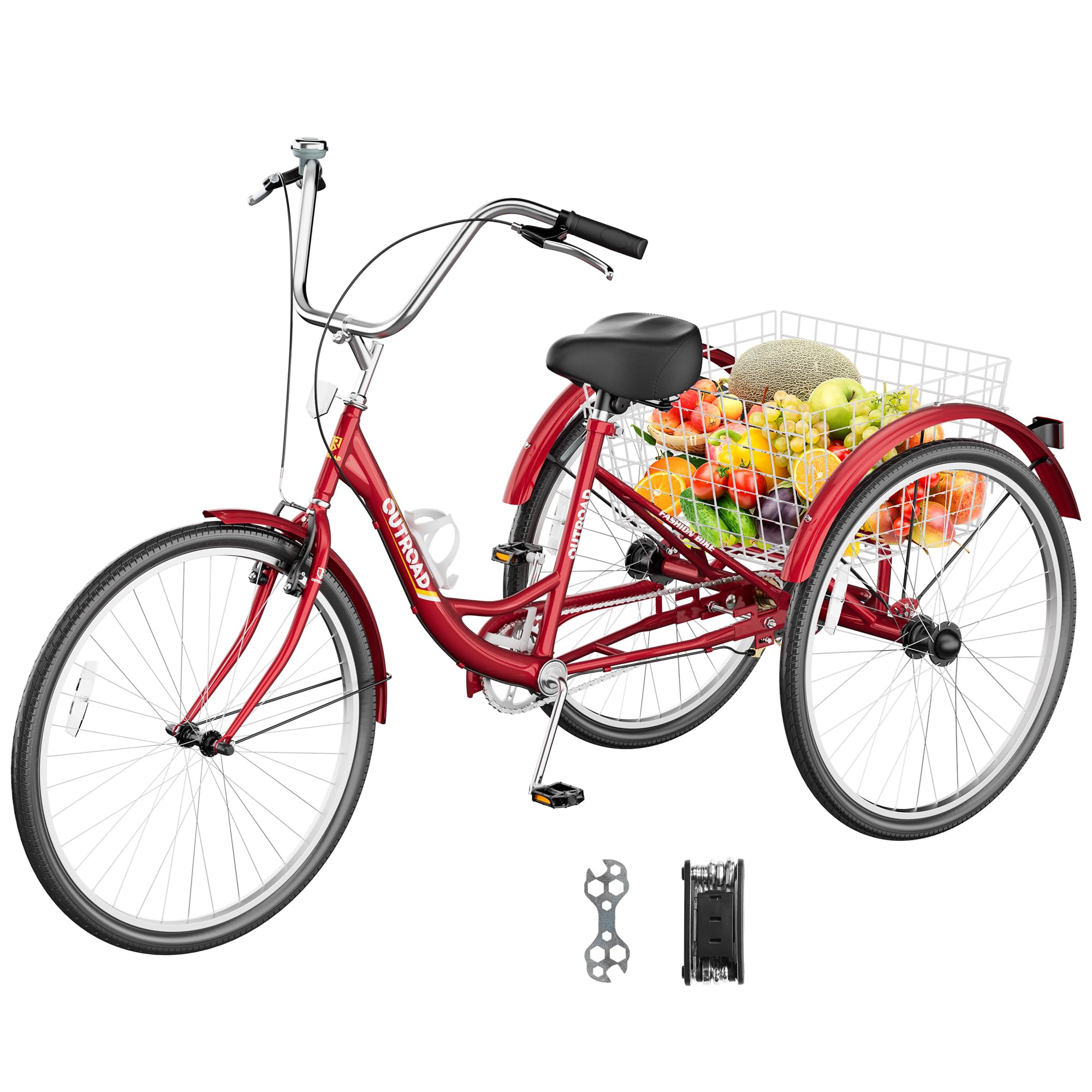 Max4out Adult Tricycle with Large Basket 24/26 Inch, Stable 3 Wheel Cruise Bicycle for Shopping, Beach and City Trike Perfect for Men, Women, Seniors（Blue/Purple/Red）