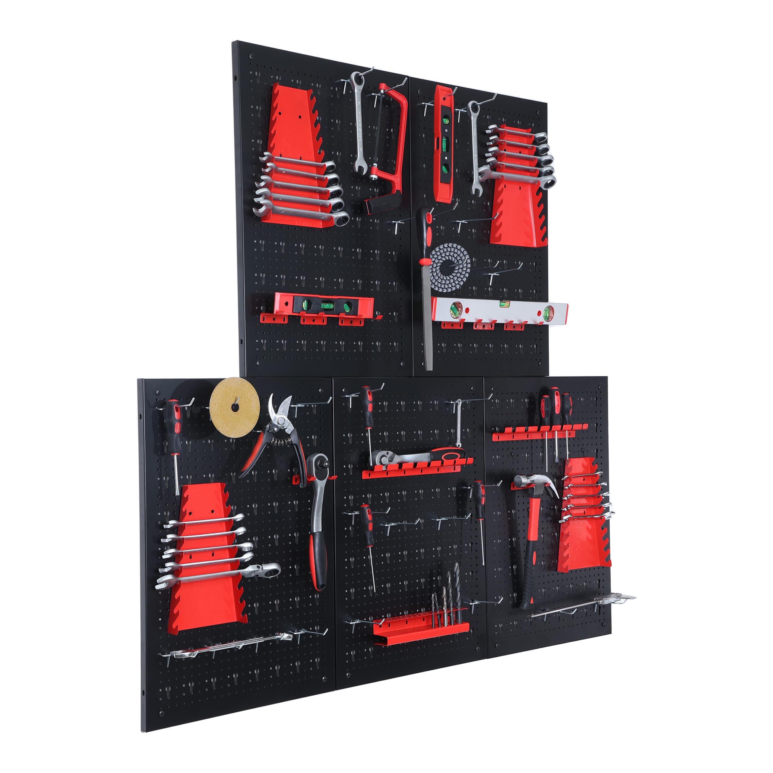 Relaxdays Paneles Perforados para Herramientas, 5 Unidades, 48 Accesorios, 60 x 40 cm, Metal, Taller, Negro/Rojo