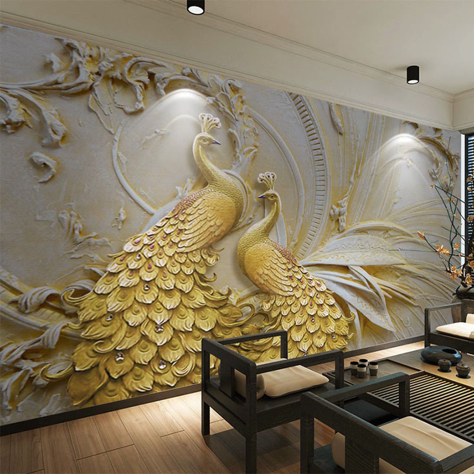 Mural 3d sala de estar papel tapiz estético alivio dorado pavo real dormitorio fondo decoración pared pegatina pared cartel de arte