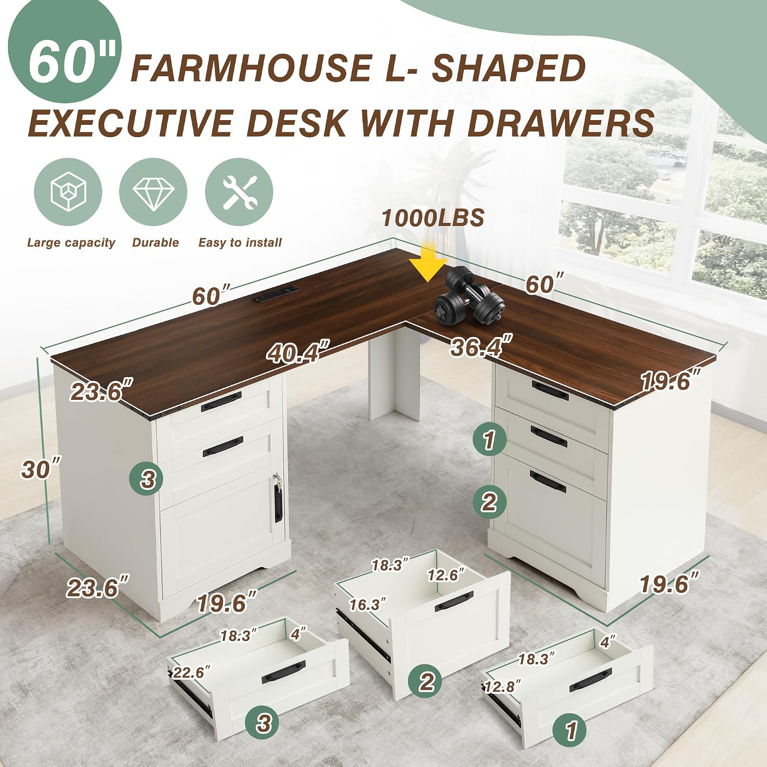 TITIMO 60" Executive L Shaped Desk with Drawers, Farmhouse Home Office Desk with Charging Station, Wood Corner Computer Desk with File Cabinet, Writing Computer Desk for Work and Study (Brown)