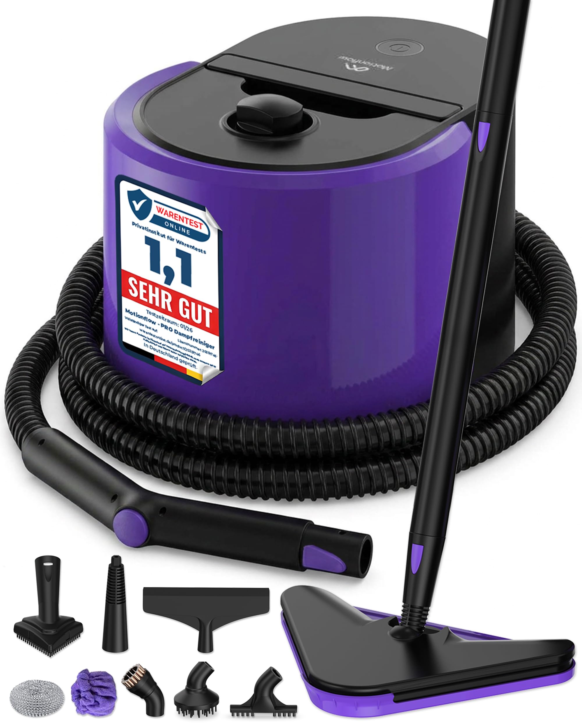 Motionflow PRO Dampfreiniger für alles - 1500W Hochdruck Steam Cleaner mit Edelstahlboiler für Polster, Teppiche, Armaturen und Böden – Dampfbürste mit 13 Aufsätzen, 45 Min Laufzeit, 100°C Dampf