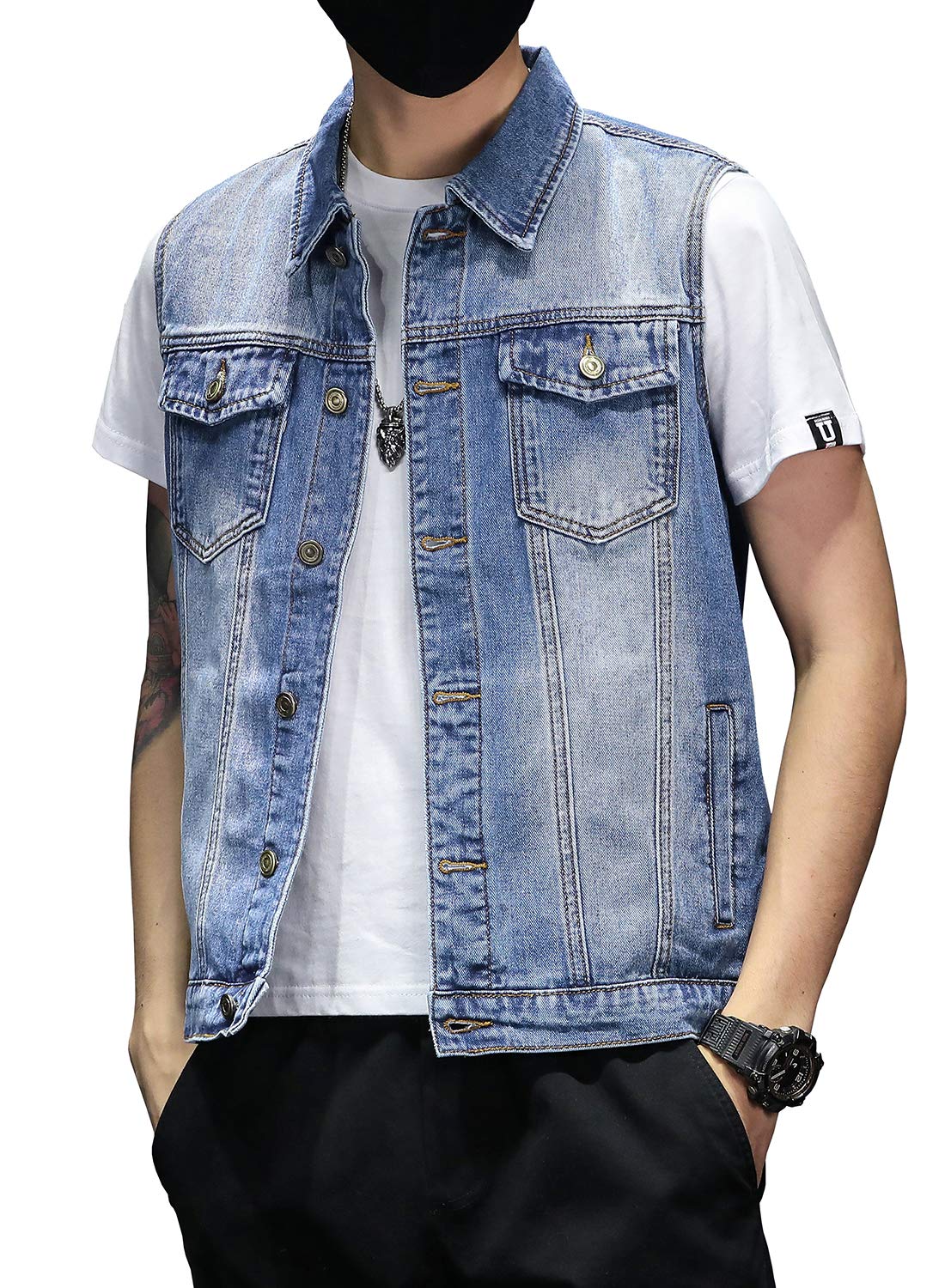 Mens Denim Vest Jacket Sleeveless Trucker Jean Jacket