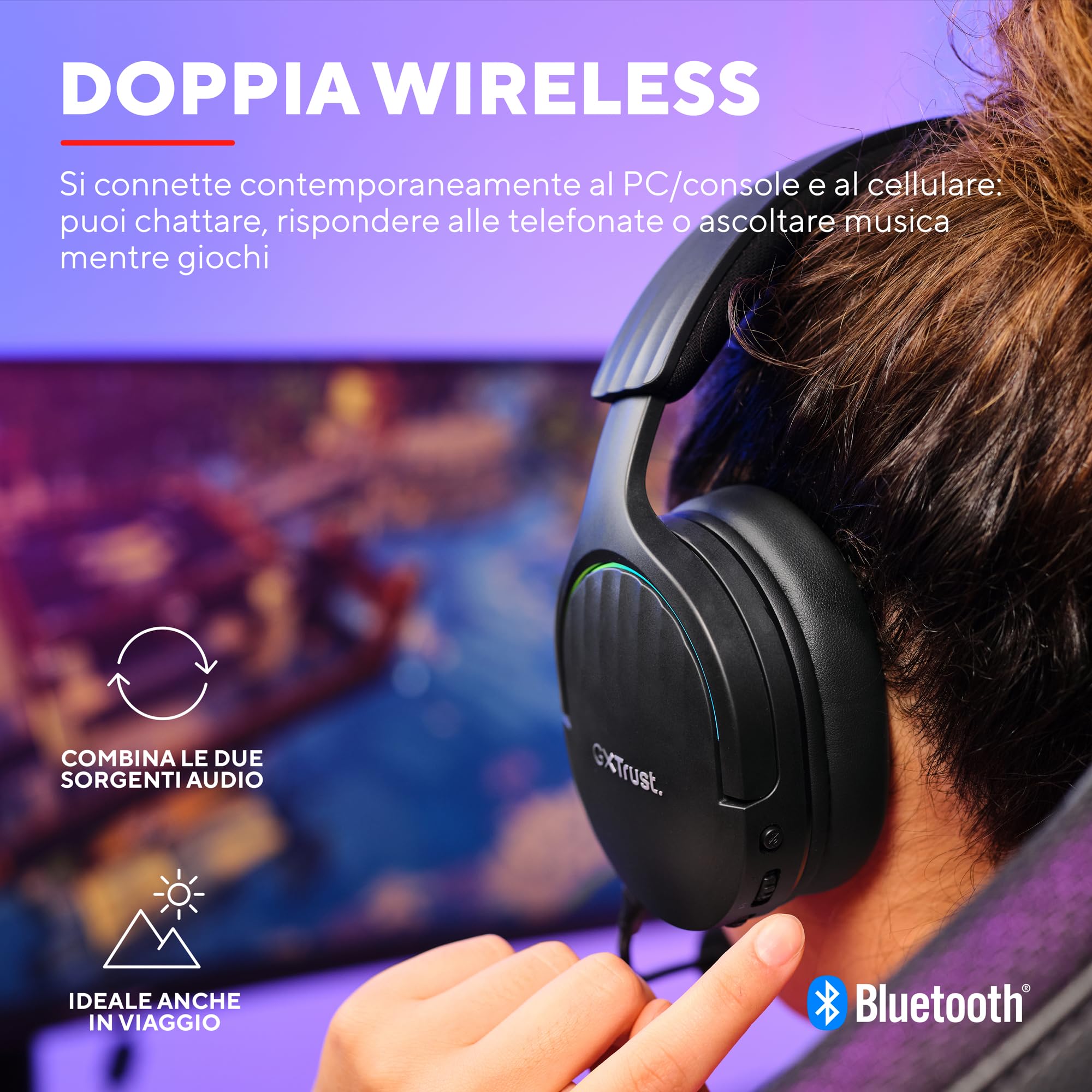Trust Gaming GXT 491 Fayzo Cuffie Gaming Wireless Bluetooth + 2.4 GHz, Audio Surround 7.1, Batteria da 22 Ore, 85% Plastica Riciclata, RGB Cuffie Bluetooth Over Ear PC PS5 PS4 Switch - Nero