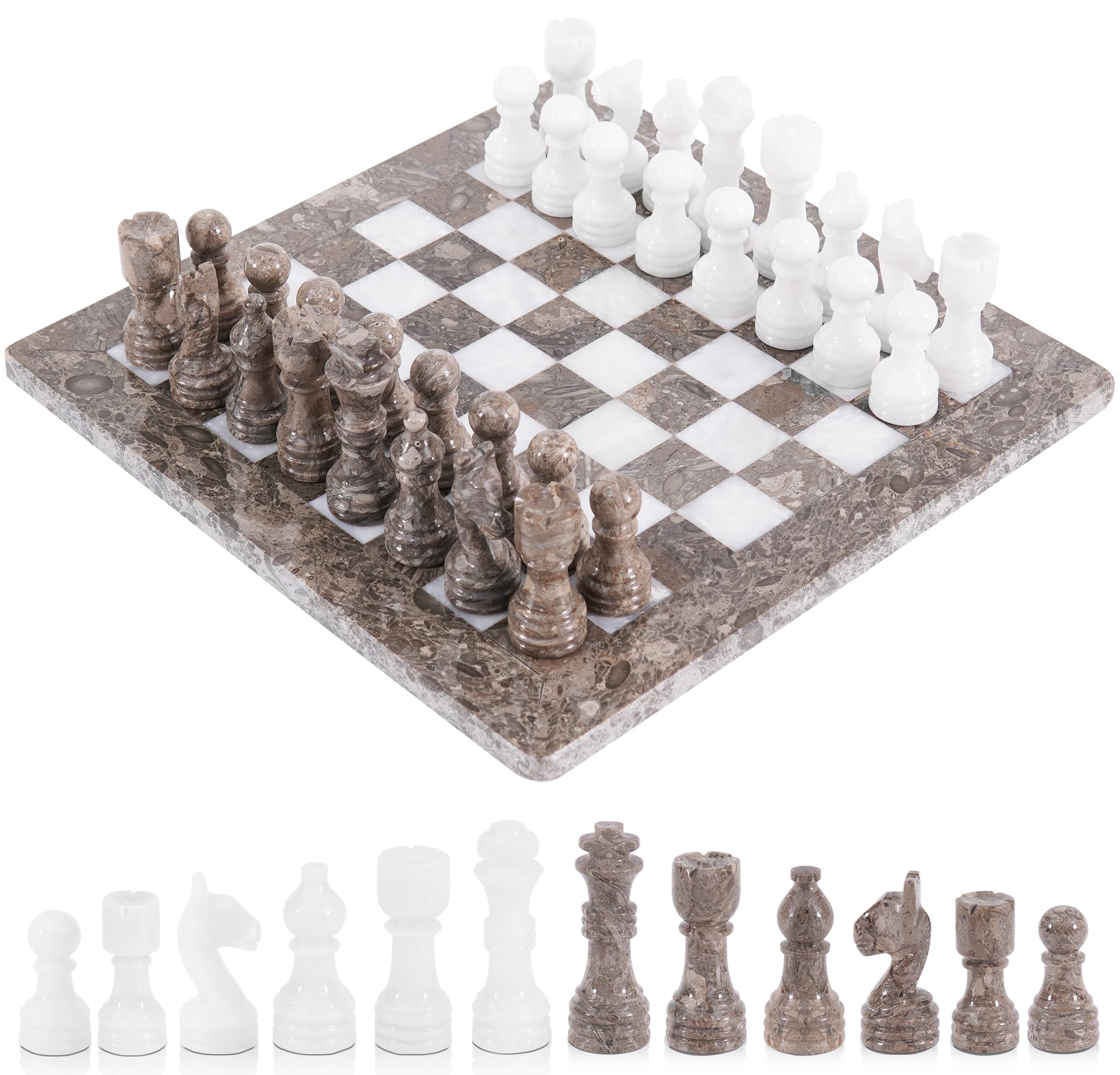 Radicaln Marble Chess Set 12" Inches Grey Oceanic and White Handmade Classic Strategy Board Game, Ideal Marble Chess Board & Pieces for Adult, Table Chess
