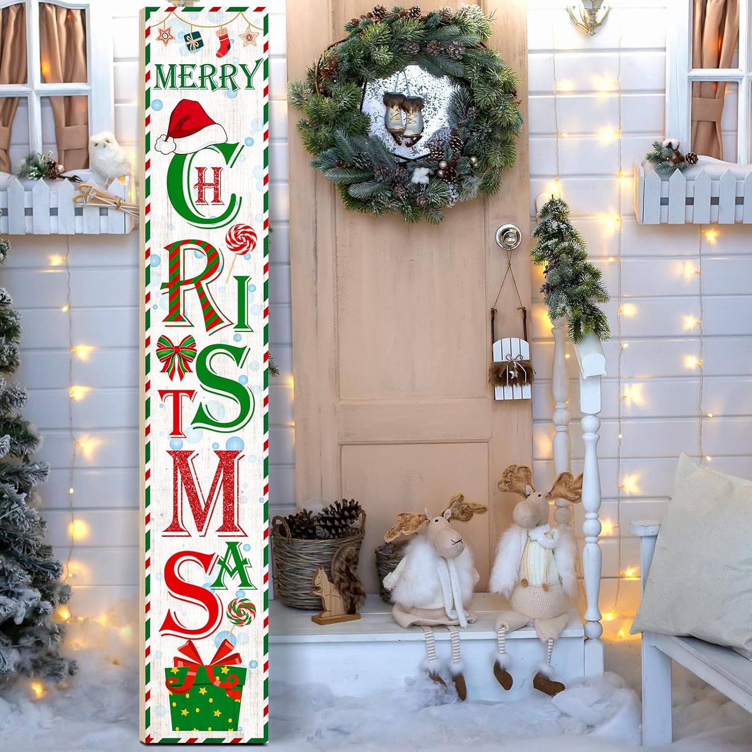 Christmas Wooden Porch Sign 47.2" Cartoon Santa Gift Box welcome sign for front Porch, Vertical Standing Outdoor Porch Decor for Home Front Door Yard Farmhouse Hanging Christmas Decoration