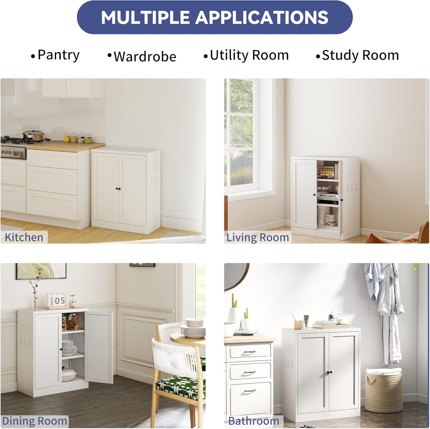 Metal Pantry Cabinet, 35 Inch Tall Kitchen Storage Cabinet, Pantry Cabinet with Doors and 2 Adjustable Shelves, Food Pantry Storage Cabinet for Kitchen, White