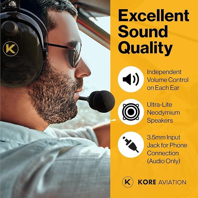KA-1 General Aviation Headset for Pilots - Mono and Stereo Compatibility, Passive Noise Reduction, Noise Canceling Microphone, Gel Ear Seals, Adjustable Headband & Headset Bag