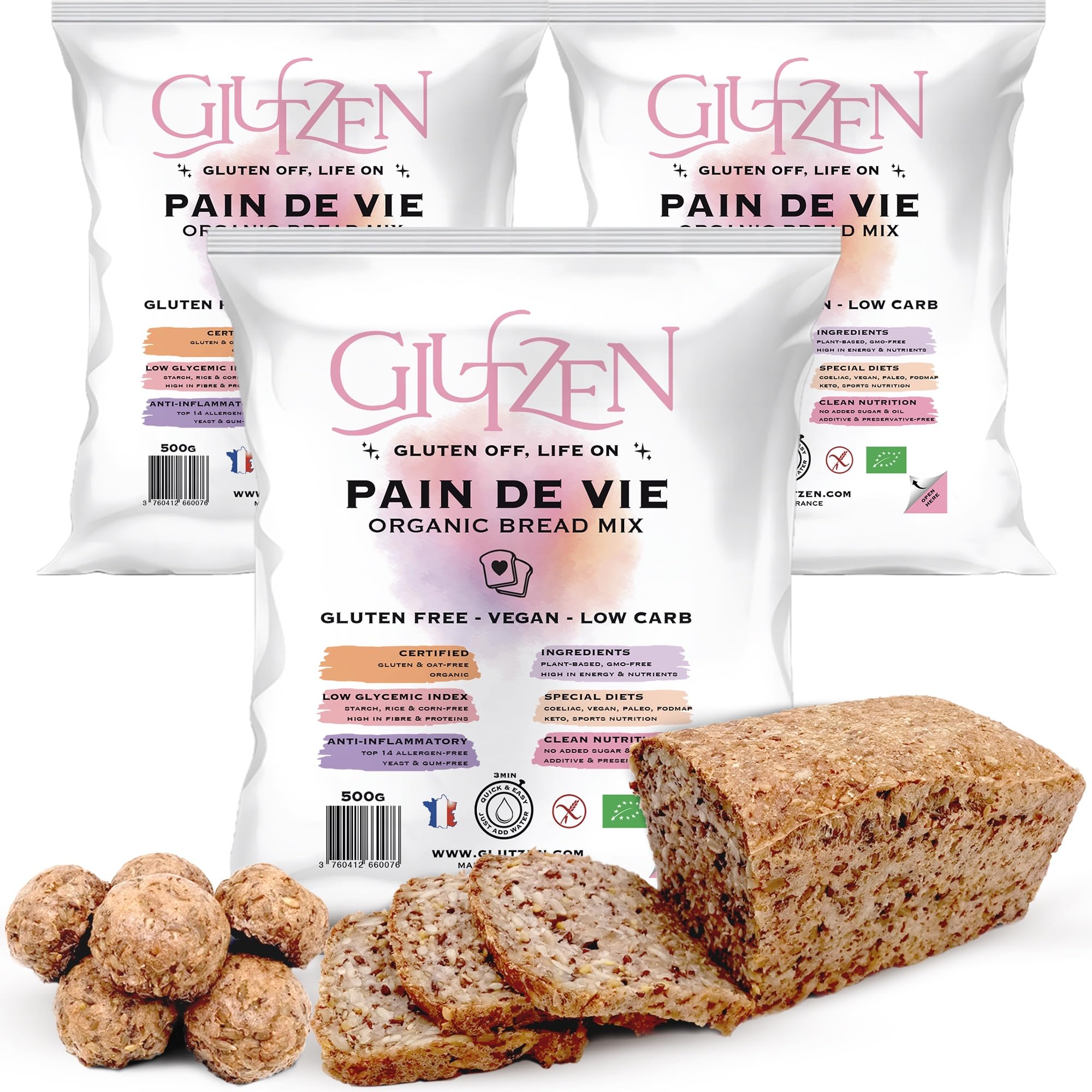 Mezcla Pan Keto Sin Gluten Bio GLUTZEN. Pan Low Carb con Semillas, Alto en Fibra. Sin Harina, Sin Azúcar Añadido. Fácil, Sin Amasar. Celíaco, Vegano, Sin Alérgenos, FODMAP