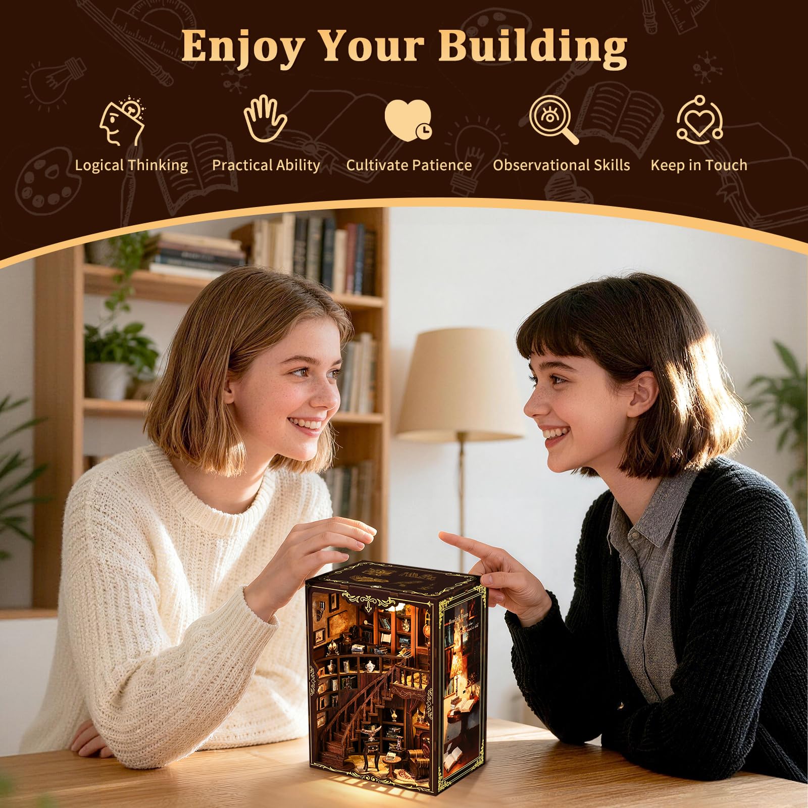 Casa Delle Bambole Kit, 3D in Legno Modellismo da Costruire con Luce Led, Piccola Casa in Miniatura DIY per Adulti, Regali Creativi Artigianali di Natale per il Compleanno (Biblioteca antica)