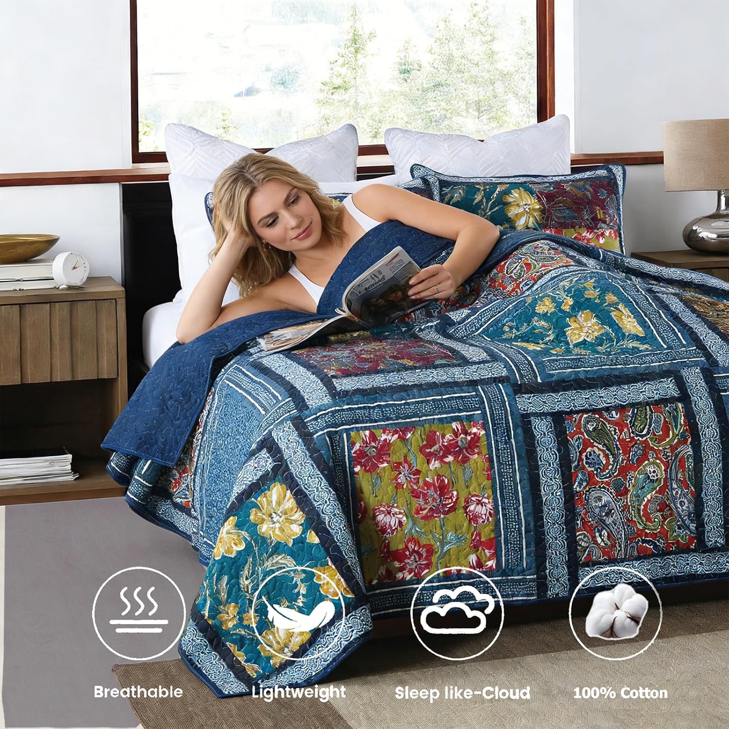 100% Cotton Navy Blue Patchwork Quilt Queen Size, 3-Piece Quilt Set with Multicolor Paisley and Floral Pattern, Vintage Old School Style, Ultra-Soft Breathable Lightweight Bedspread Coverlet