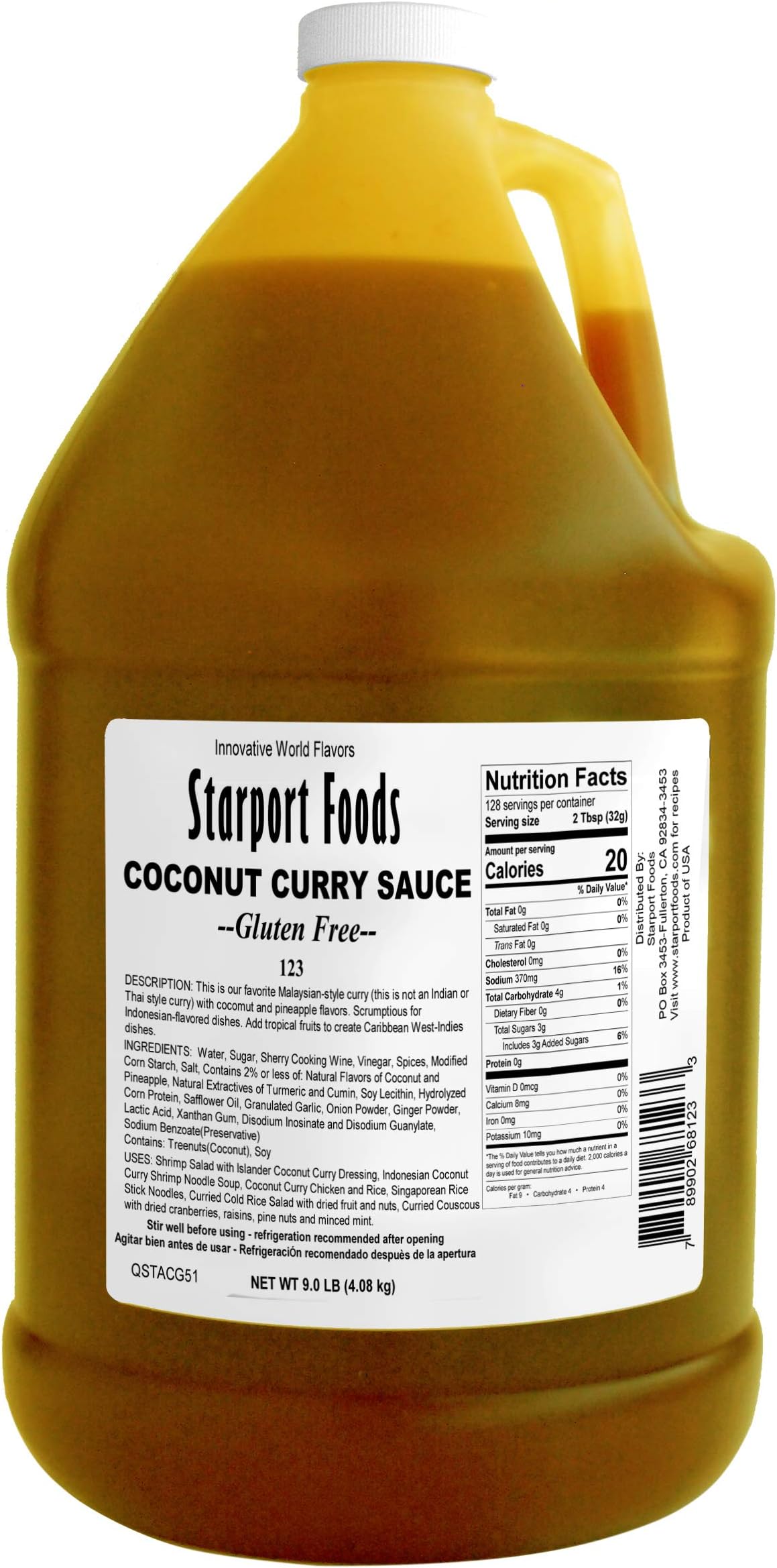 Starport Foods Coconut Curry Sauce - Gluten Free, Vegetarian, 1 gallon, NET WT 9.0 LB (144 OZ)