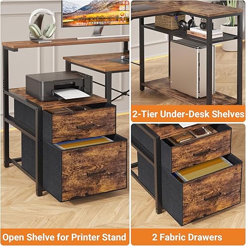 Miniatura 7 de Aheaplus Escritorio en forma de L con cajón para archivos, escritorio reversible en forma de L para computadora y juegos con toma de corriente y