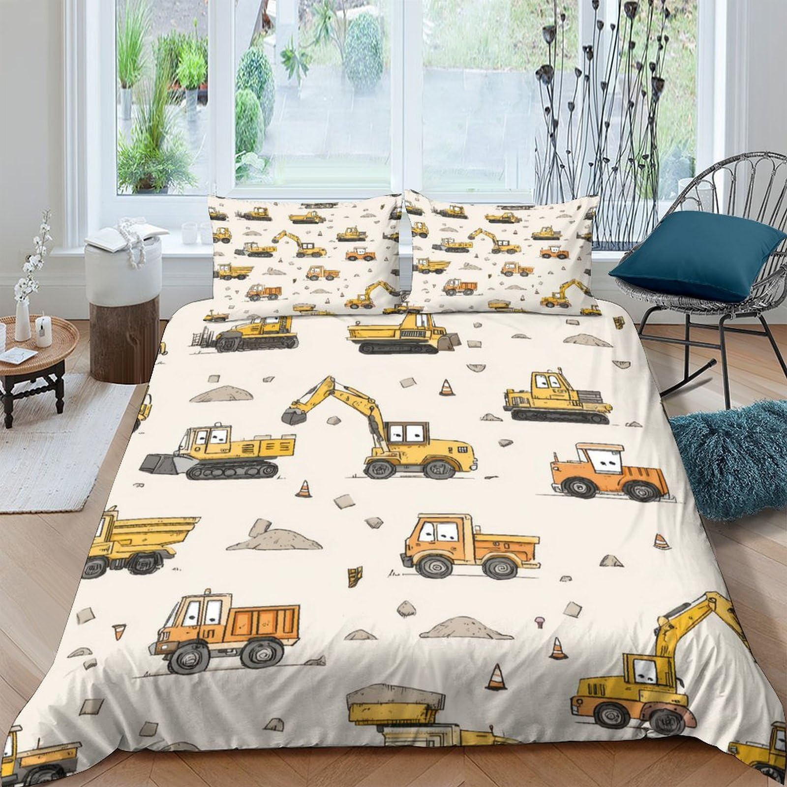 Ctjqhvkz Style-6 3D Printed Construction Vehicles Fitted Sheet Microfiber Soft Yellow Truck Bed Sheet Anti-Slip For Bedroom Guest Room Single（135X200cm）