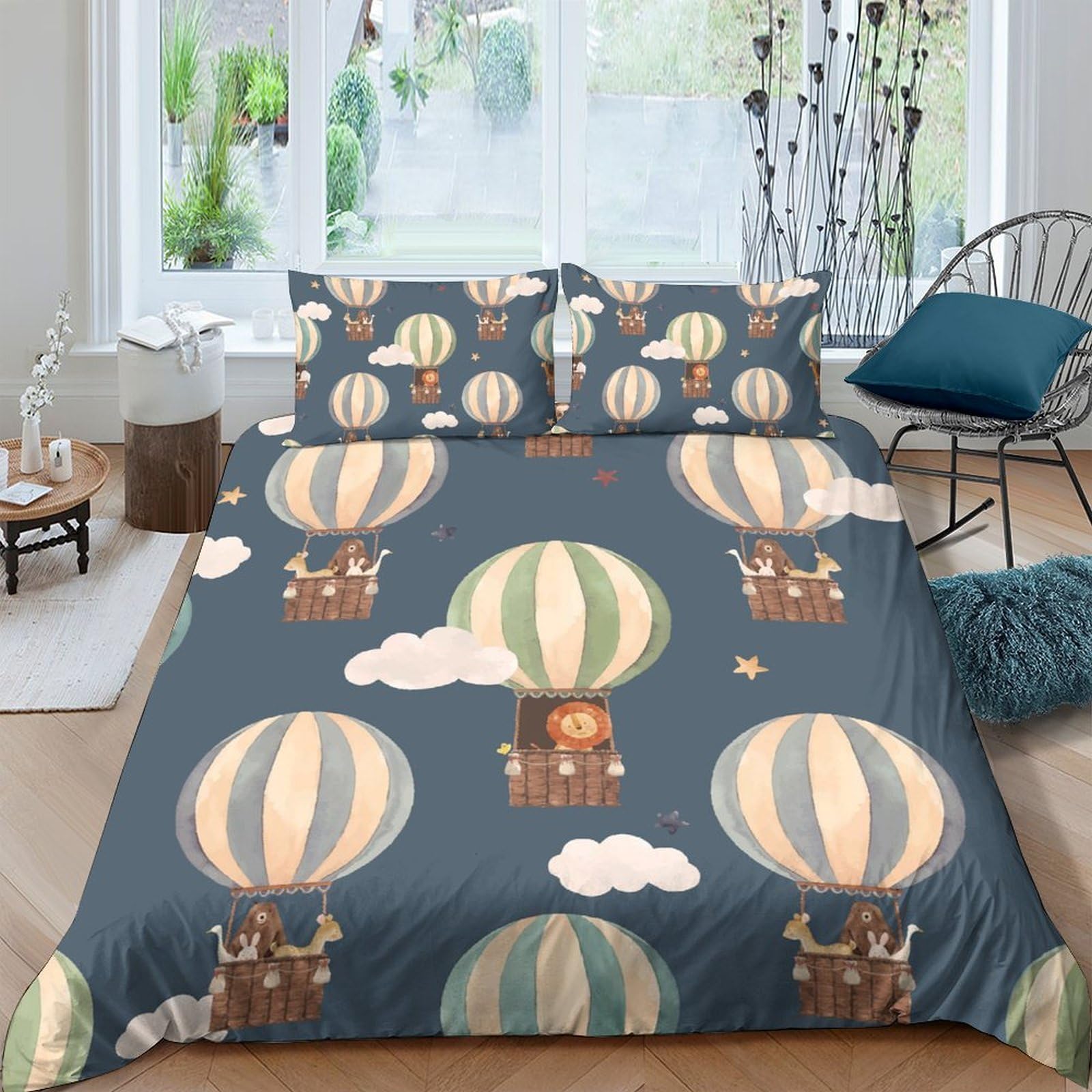 TUFRTGYHN 3D Printed Hot Air Balloon Duvet Cover Microfiber Breathable Cloud Animal Bedding Set with 2 Pillowcases for Bedroom Decor Single（135x200cm）