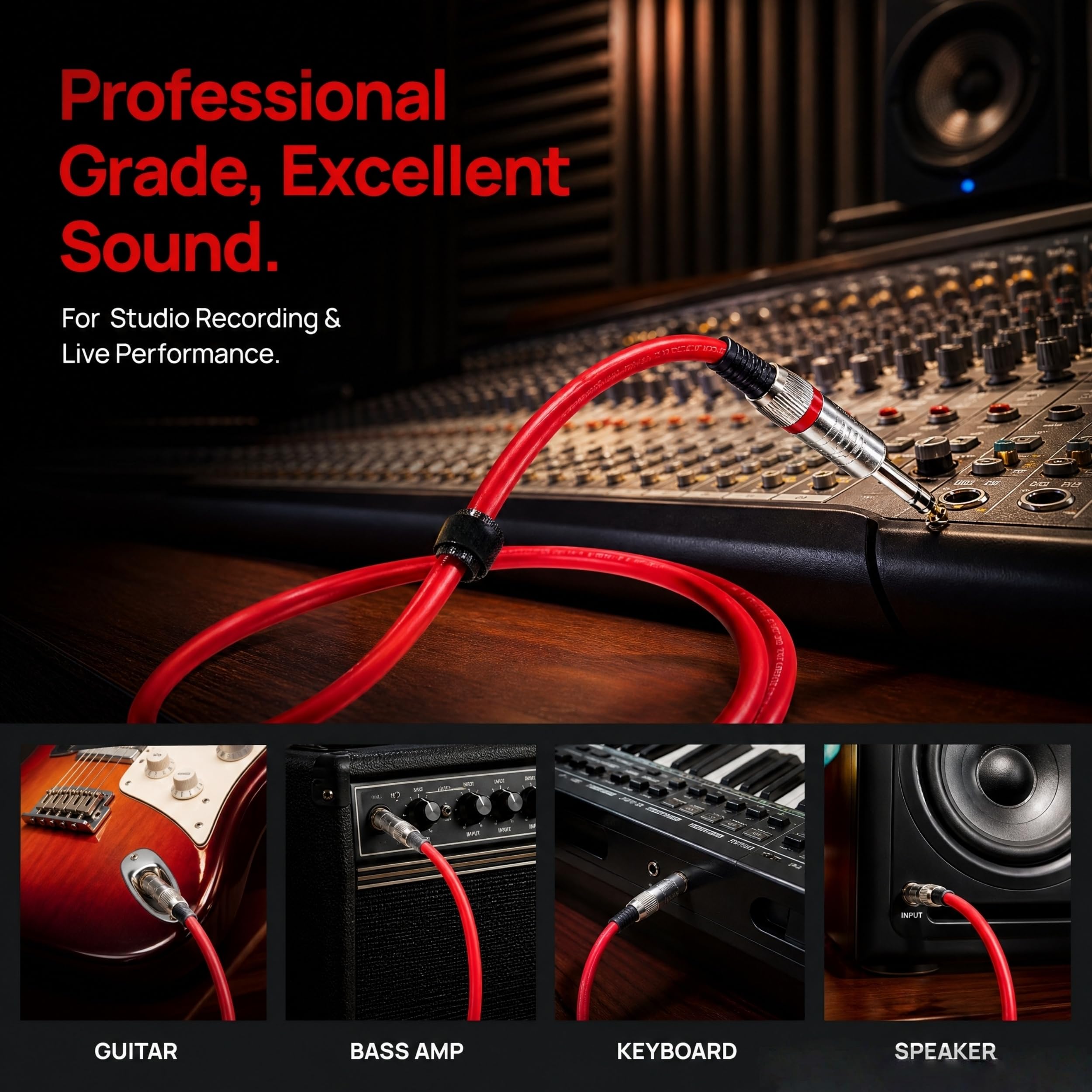 1/4-Zoll-Audiokabel, 30 cm TRS-Kabel für Bass, Keyboard, Mixer, Gitarrenkabel, 2er-Pack TRS-Instrumentenkabel