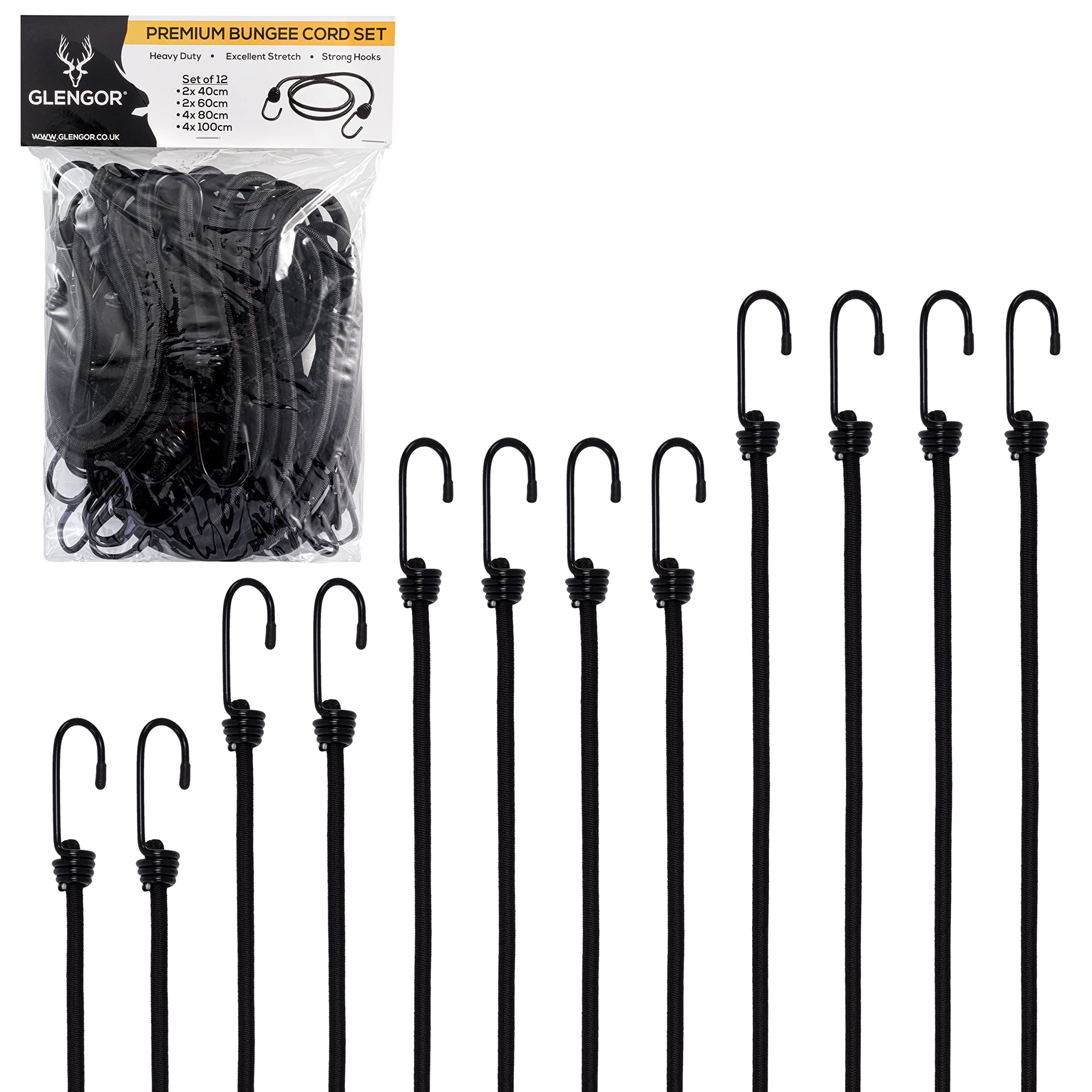 Glengor Black Premium Bungee Cord Set | Pack Of 12 | Heavy Duty Elastic Cords | Great For Caravan, Camping, Garden, Diy, Trailers, Rv’s | 2X 40Cm, 2X 60Cm, 4X 80Cm, 4X 100Cm