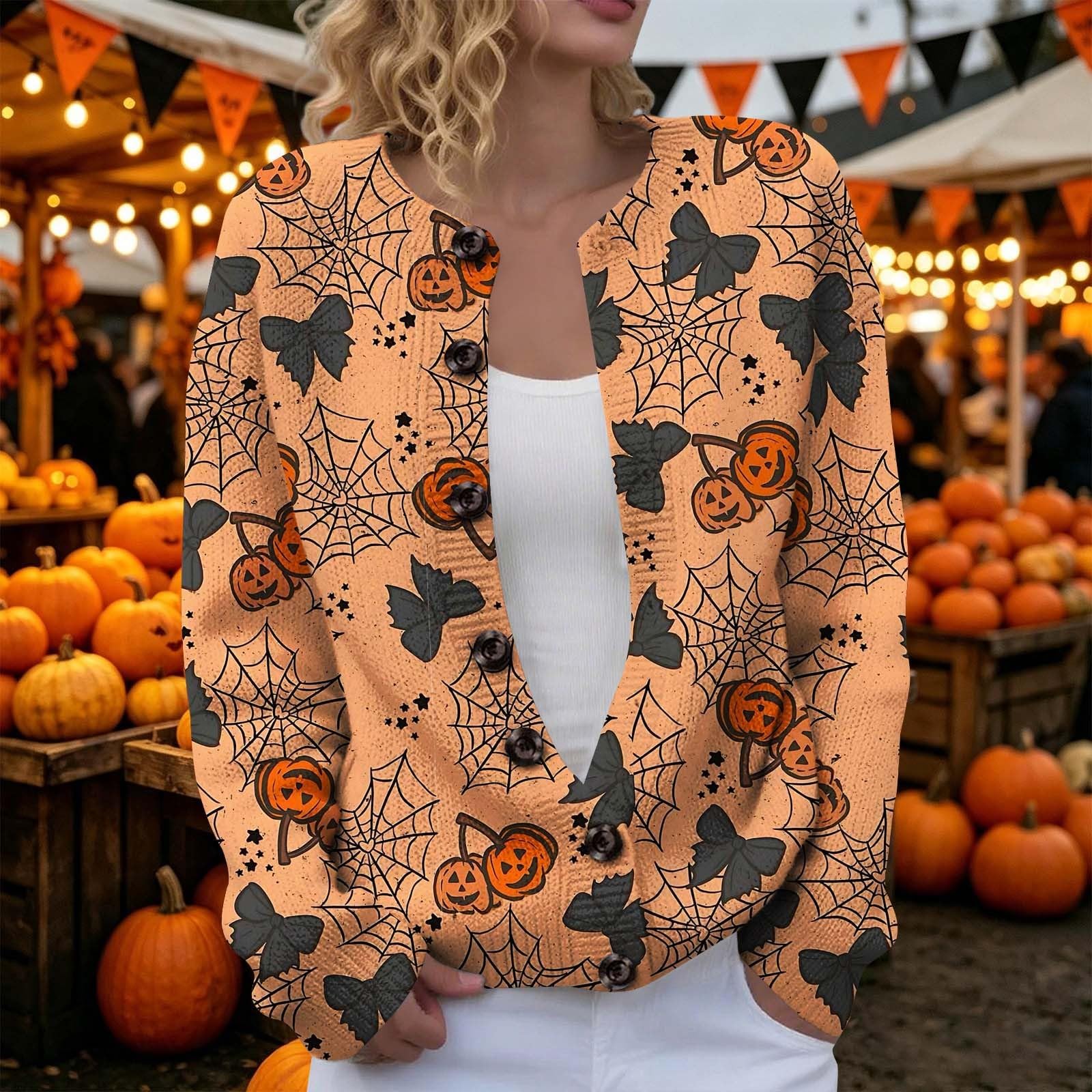 Generisch Cardigan corto da donna, scollo rotondo, cardigan per Halloween