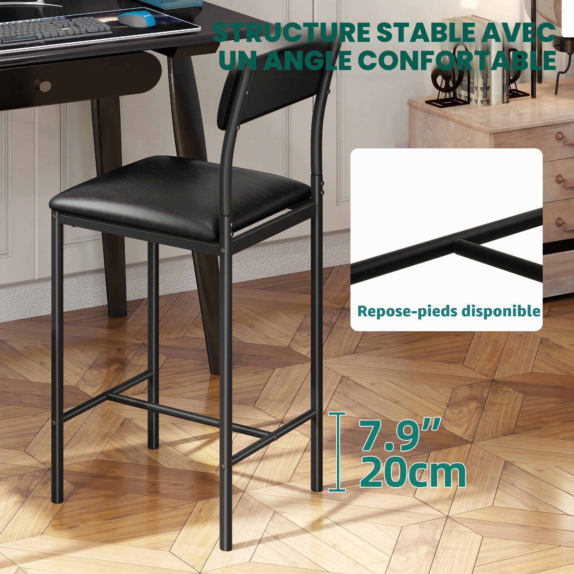 YITAHOME Lot de 2 tabourets de Bar industriels avec Assise et Dossier rembourrés pour Cuisine/Salle à Manger, chaises de Bar avec Repose-Pieds Ergonomique, Noir