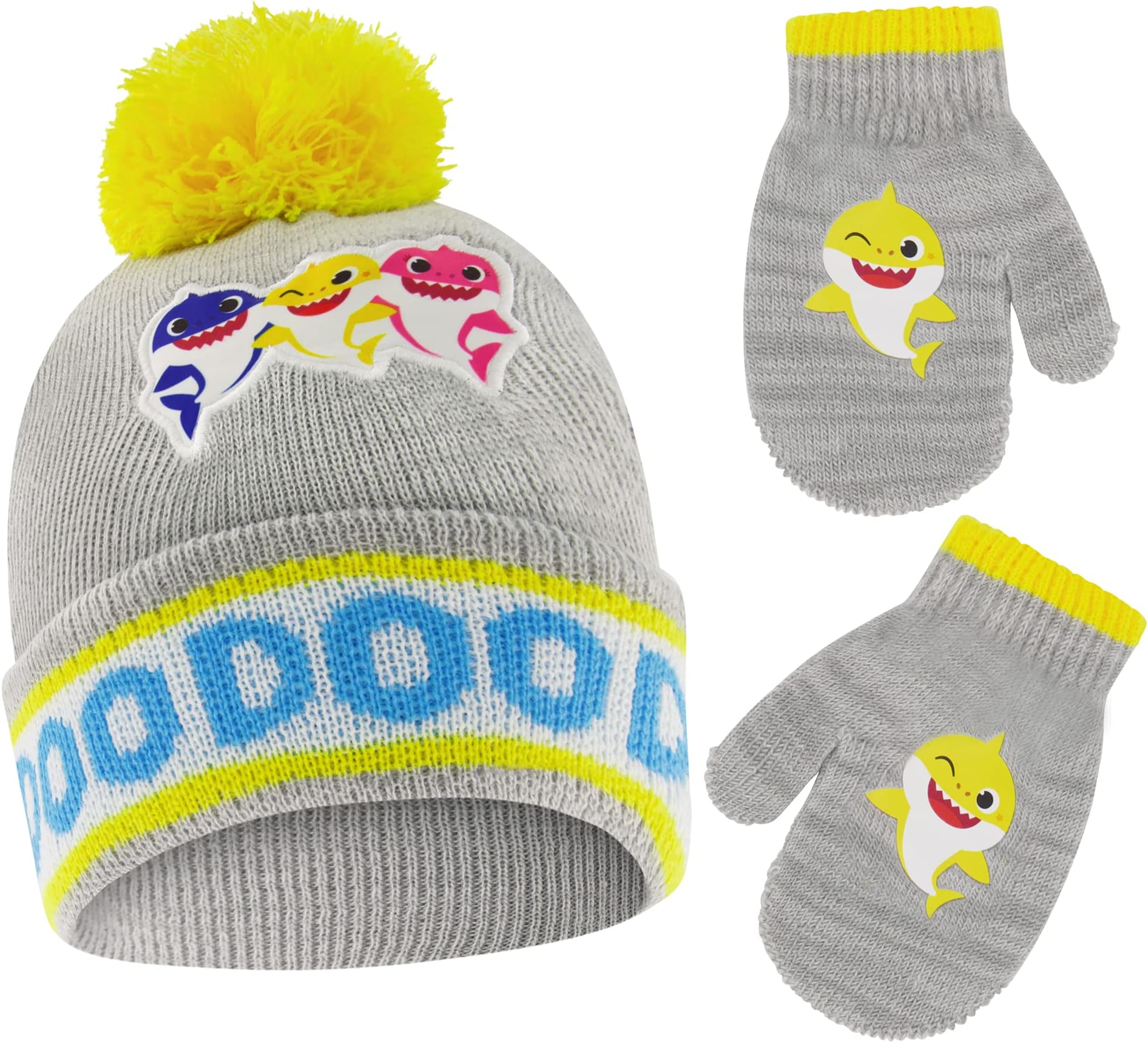 NickelodeonWinter Hat and Mittens Set, Baby Shark Beanie and Gloves for Children, Yellow/Grey, Toddler Kids Age 2-4