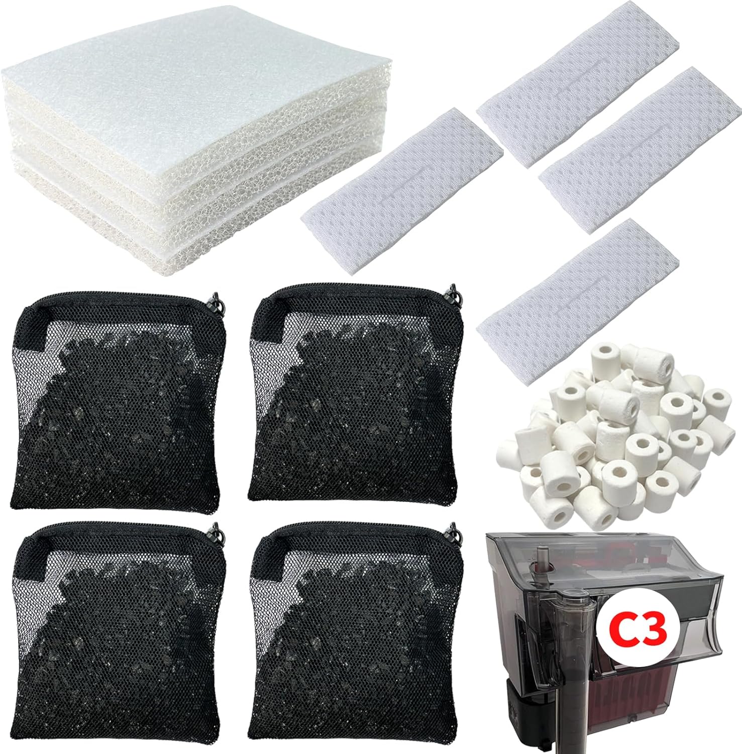 13 Set Aquarium Filter Media Kits Replacement for Fluval C4 (40-70 Gal) Aquarium Power Filter, Includes 4 Foam Pads, 4 Tarpaulins, 4 Activated Carbons, 1 Ceramic Ring