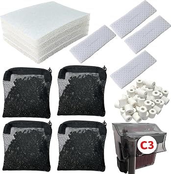 2 Aquarium Filter Media Kits Compatible with Fluval C3 50 Gal Aquarium Power Filter, Includes 4 Sponge Pads, 4 Tarpaulins, 4 Activated Carbons, 1 Pack Ceramic Ring