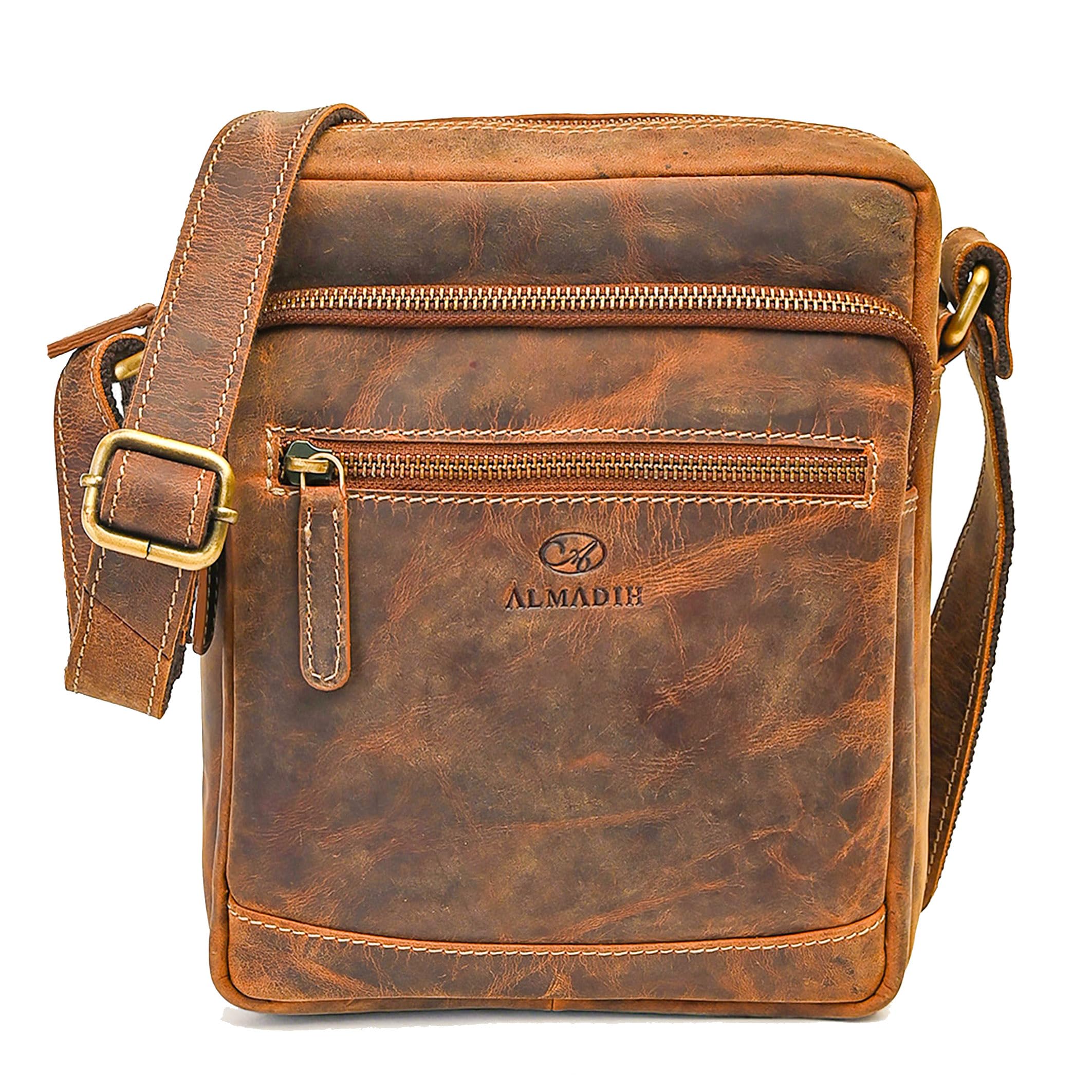 ALMADIH kleine Leder Umhängetasche Herren 9.7 Zoll iPad – EMIL braun - Kompakte Ledertasche für Reisen & Alltag Messenger Schultertasche Freizeittasche Tablet Herrentasche Damen