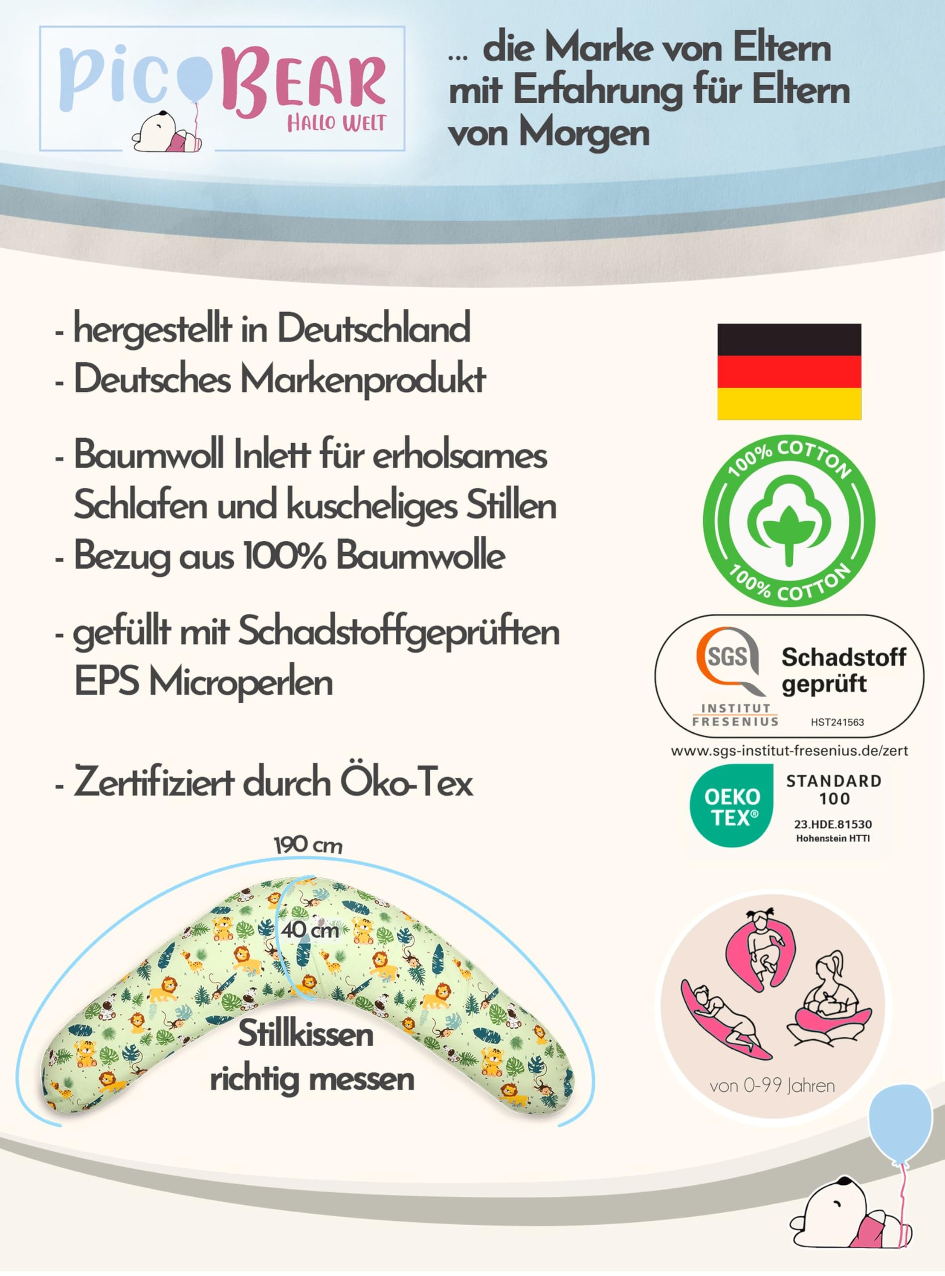 pic Bear Classic 190cm Stillkissen - hochwertiges Schwangerschaftskissen - anschmiegsames Lagerungskissen aus Baumwolle - schadstofffreies Seitenschläferkissen (100% Jersey Baumwolle, REH)