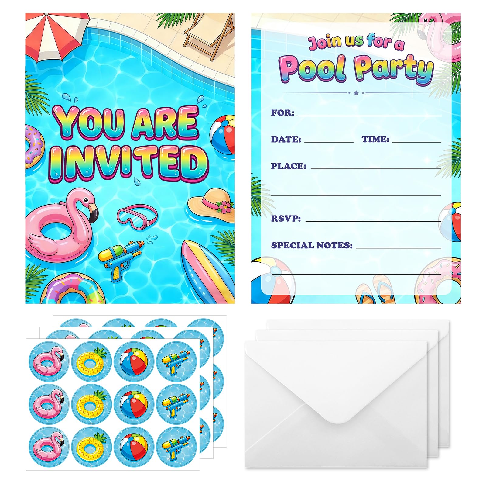 IHCEMIH Pool Party Invitations Kids Birthday with Envelopes and Stickers - 36 Pack Swimming Pool Party Invites Cards Boys Girls Children Fun Summer Water Splash Themed Size 12.7x17.7cm