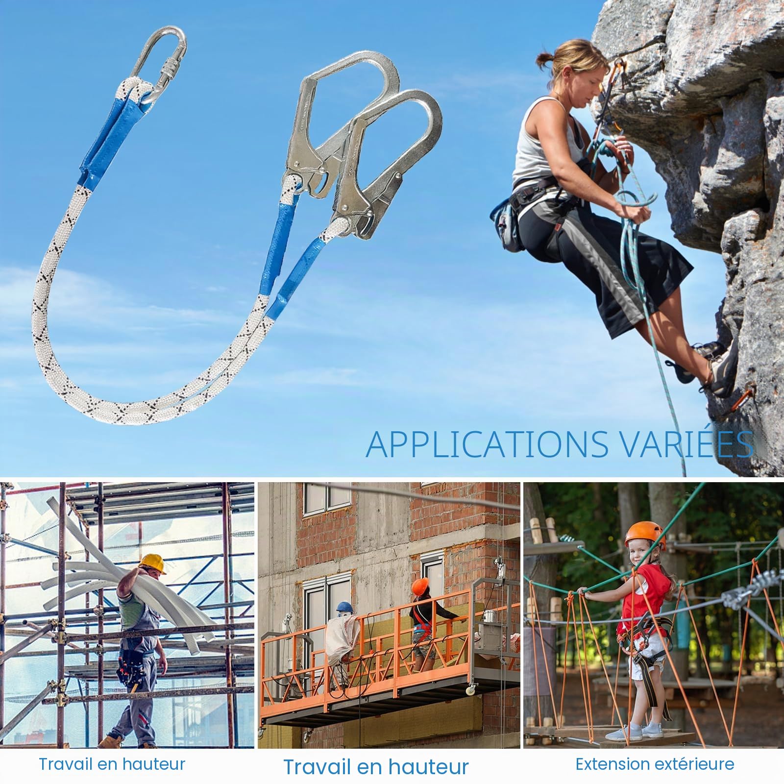 Corde de sécurité anti-chute, sangles de récupération, corde anti-chute de 2 m avec 2 mousquetons en acier allié et amortisseur de chute, convient pour l'escalade rocheuse en plein air, l'escalade des