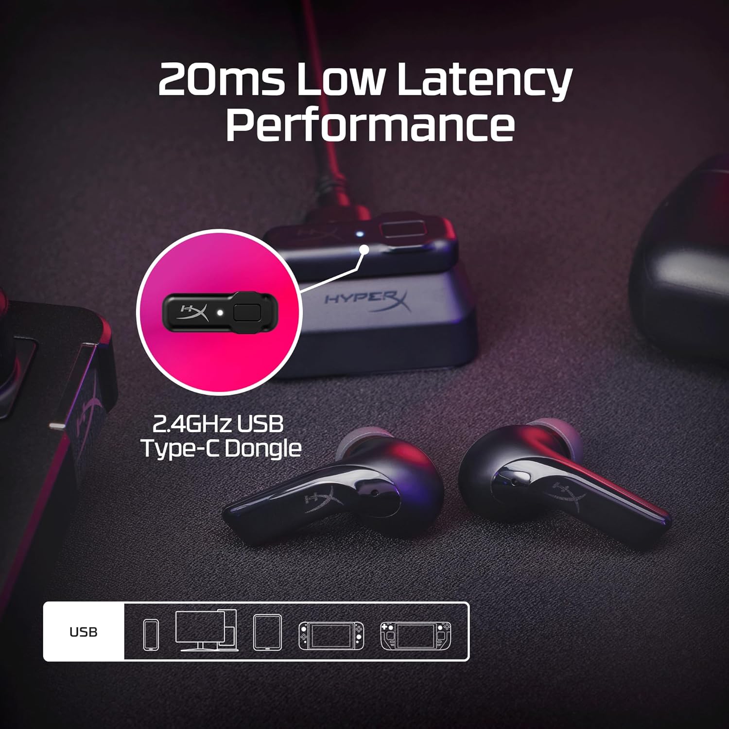 HyperX Cloud Mix Buds 2 with 2.4GHz USB-C dongle