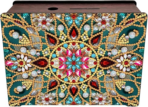 Mandala Diamond Painting Coin Cash Savings Box | Flower Diamond Art, Wooden Money Saving Challenge Box, Piggy Bank Paint with Diamonds, Adult Birthday Presents Craft Kit