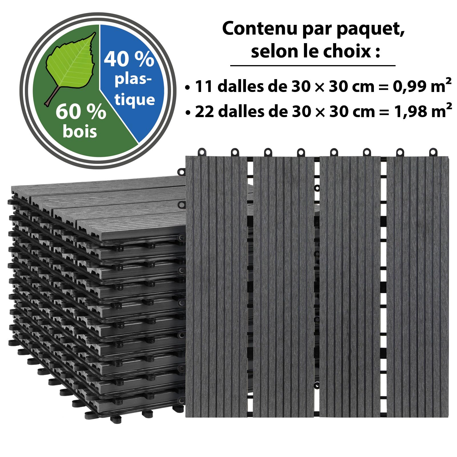 Montafox Dalles WPC 30x30 cm Clipsables Aspect Bois Terrasse Balcon Jardin