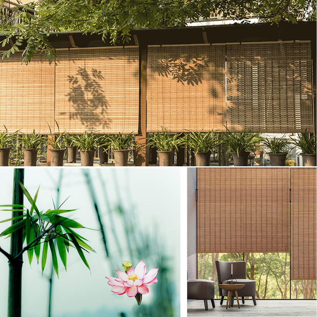 Roleta bambusowa w stylu retro, 70% zaciemniająca, naturalna ochrona przed słońcem, ochrona przed wzrokiem, ręcznie tkane żaluzje bambusowe, do okien, na taras, do biura, kuchni, patio (szer. 140 x wys. 300 cm)
