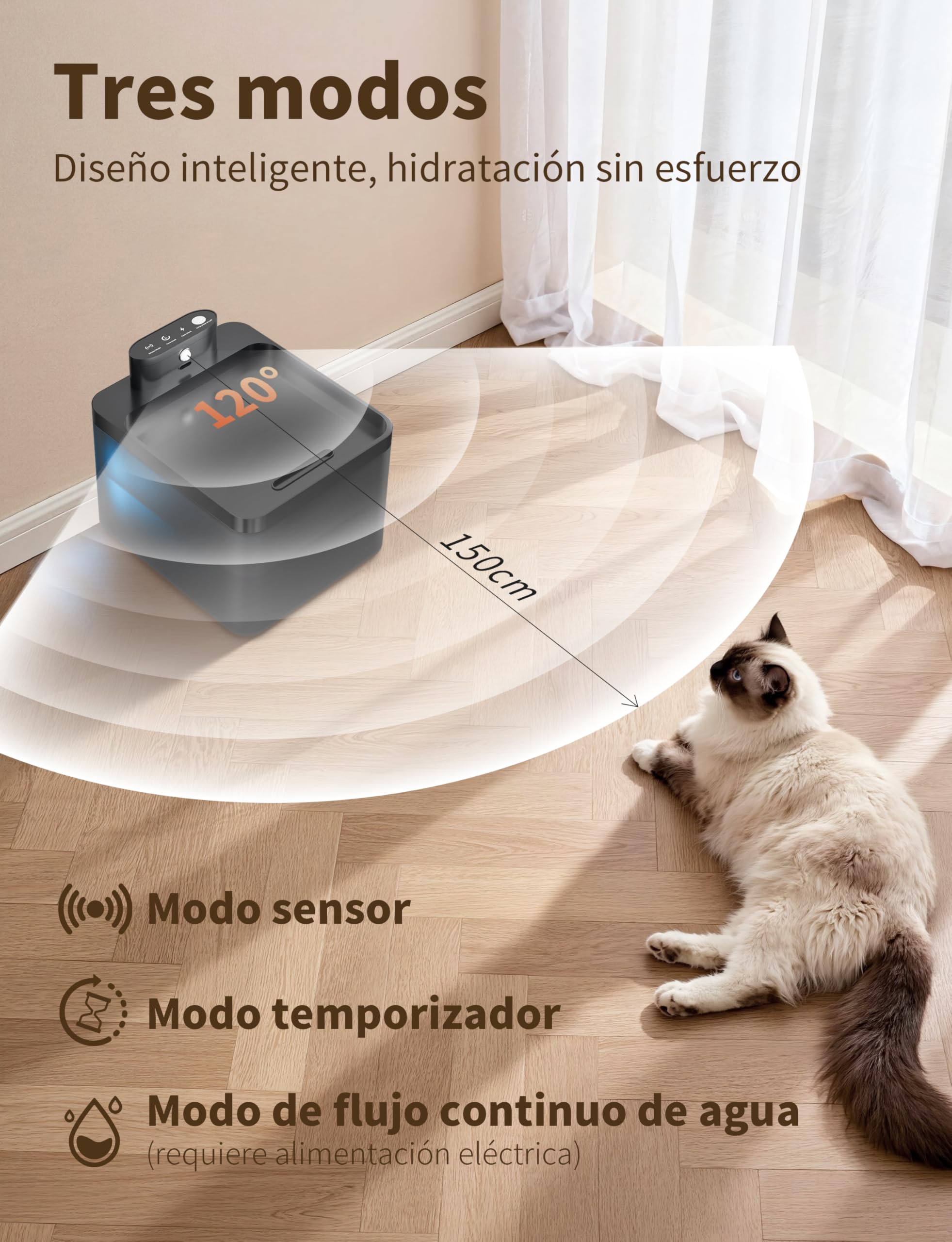 Fuente para gatos, 2,2 l, inalámbrica con LED, detector de movimiento, bomba silenciosa 30 dB, batería de 2600 mAh, filtración premium