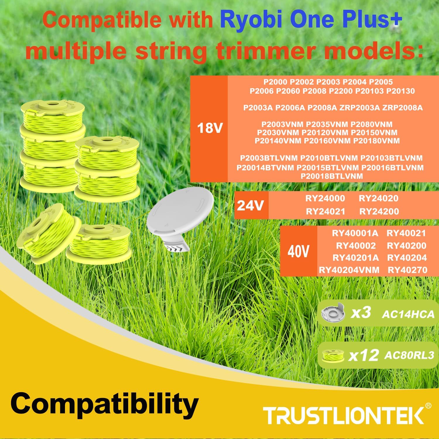 15 Pcs AC80RL3 Replacement spools, 11ft .080 Trimmer line Fit for Ryobi One Plus+ Weed Wacker String, Compatible with Ryobi 18v,24v,and 40v Cordless Trimmers.(12 Trimmer Spool +3 Cap)