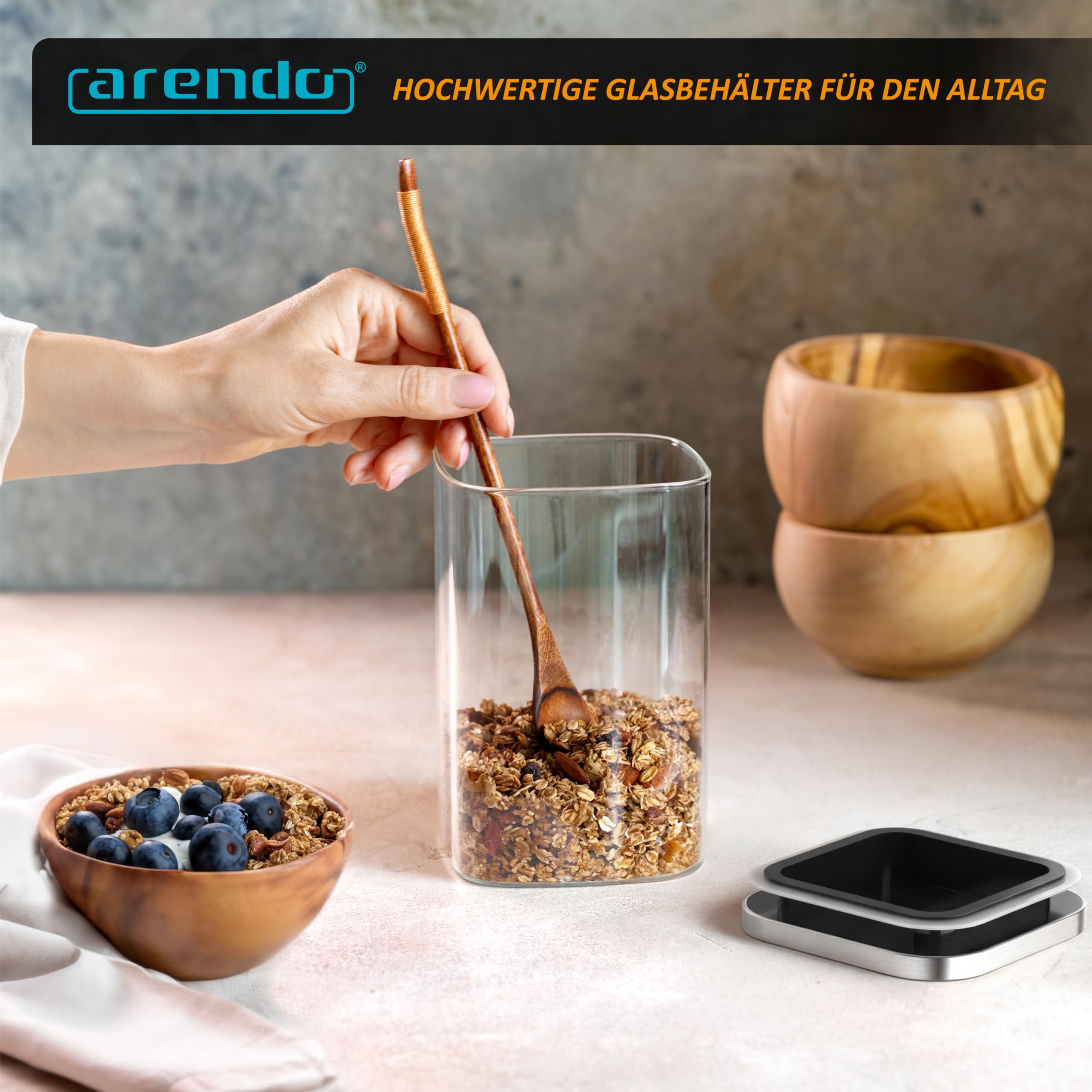Arendo - Vorratsgläser 1200ml mit Deckel Edelstahl - 8er Set - Behälter aus Glas – hitzebeständig – Vorratsdosen/Vorratsbehälter mit Edelstahl Deckel - luftdicht - für Müsli Zucker Mehl Kaffee