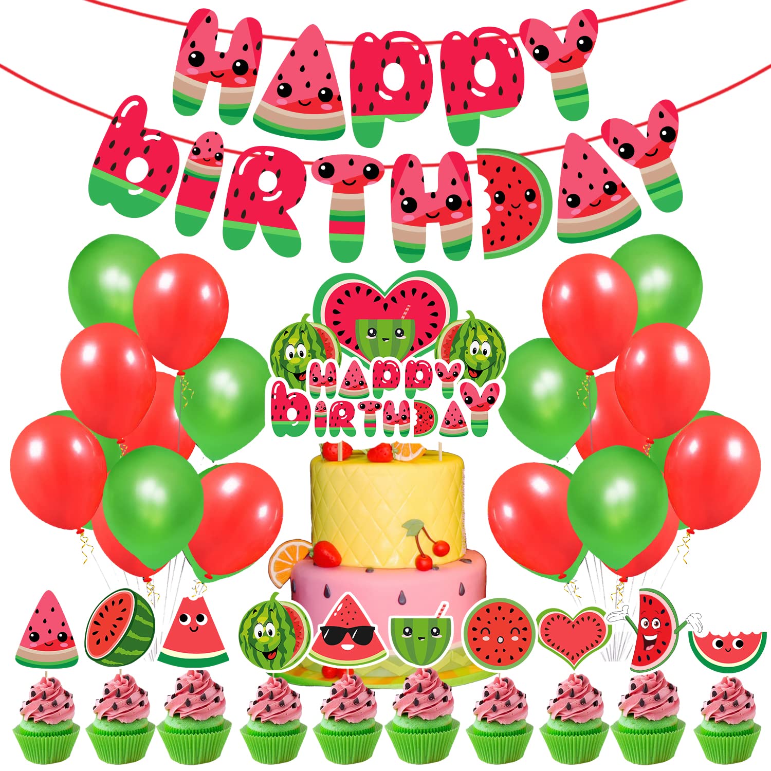 Zyozique Watermelon Birthday Party Decorations Set,Watermelon Happy Birthday Paper Banner Cake Cupcake Toppers Balloons for Fruit Summer Themed 1st Birthday Baby Shower Supplies - Pack of 37