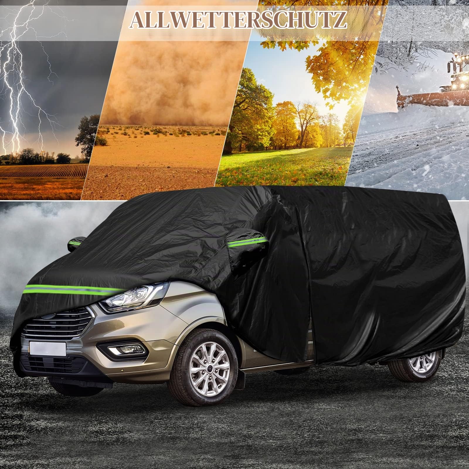 Autoabdeckung Vollgarage Ersatz für Ford Transit Custom L1H1 2012-2022 | 300D Allwetter Wetterfeste Autoabdeckung für Drinnen und Draußen mit Reißverschlusstür und Winddichtem Gurt