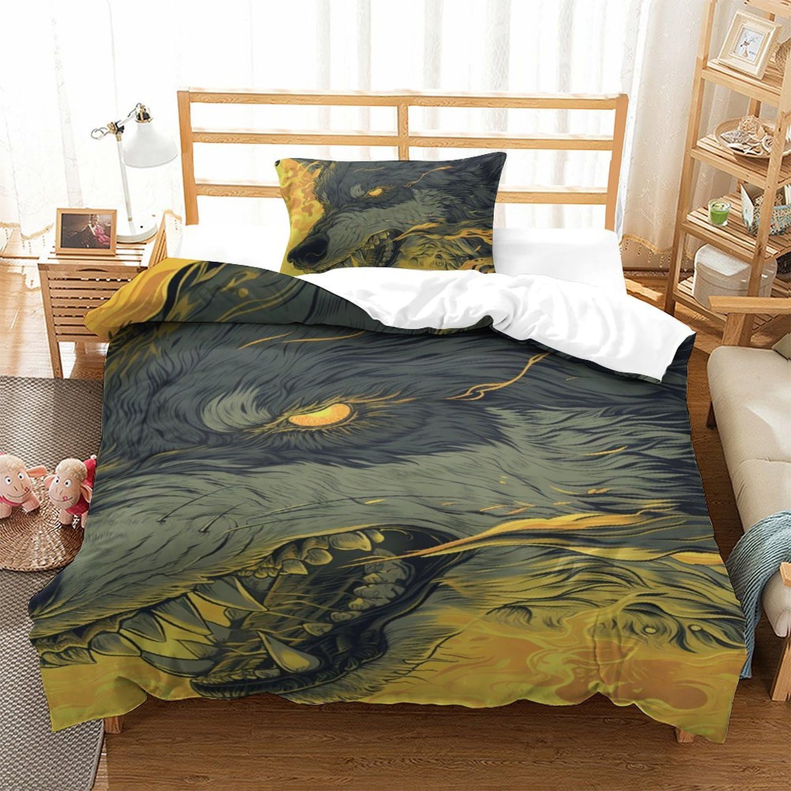 Housse de couette loup 135x200 parure de lit microfibre respirante 2 pièces