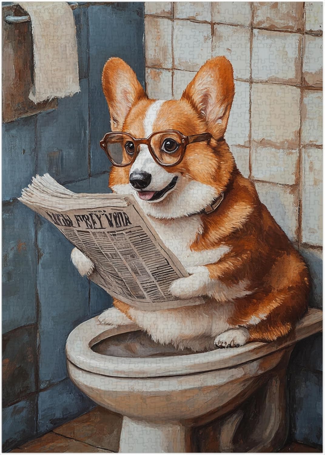 Pembroke Welsh Corgi on Toilet Jigsaw Puzzle 300/500/1000 Piece - Quirky Dog Reading Newpaper with Glasses - Dog Bathroom Decor Puzzles (1000pc (50×75cm))