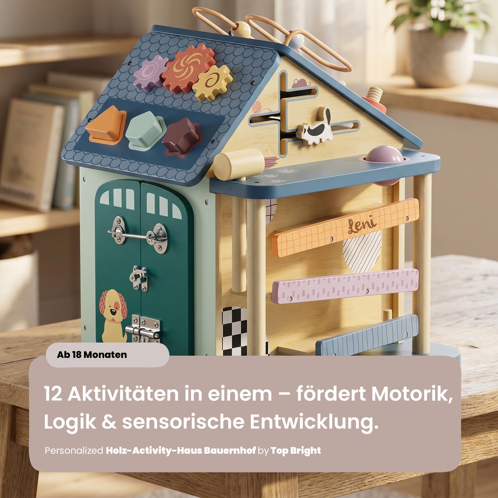 Activity Haus aus Holz personalisiert – 12-in-1 Motorikspielzeug ab 2 Jahre – mit LED-Elementen – Geschenkidee