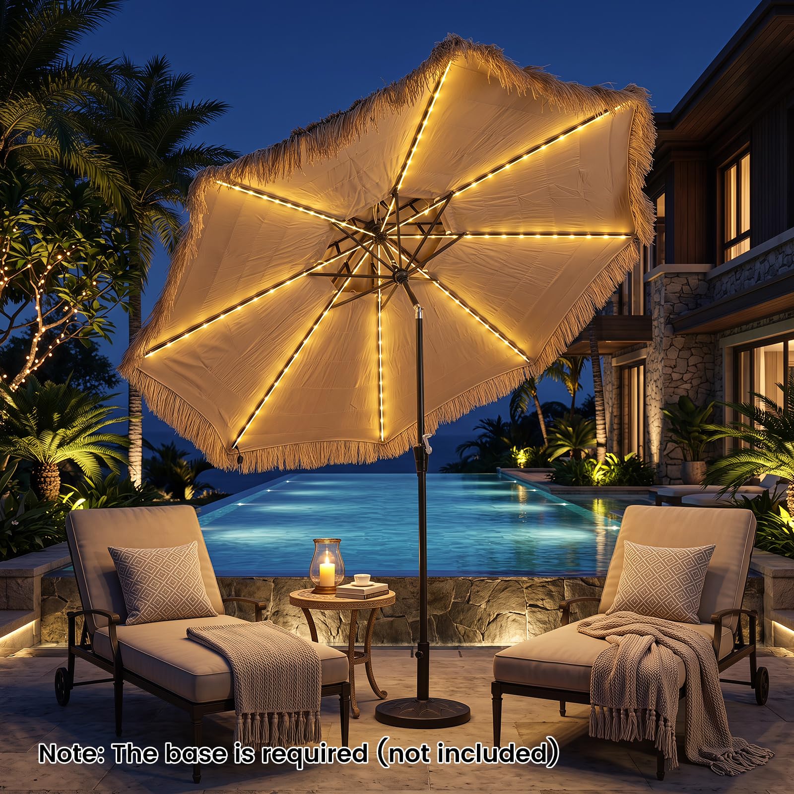 COSTWAY Sonnenschirm Hawaii mit LED-Beleuchtung, 300 cm Strohschirm kippbar | Gartenschirm mit 12 Beleuchtungsmodi & Kurbel, Strandschirm Stroh, Terrassenschirm für Garten, Balkon, Terrasse