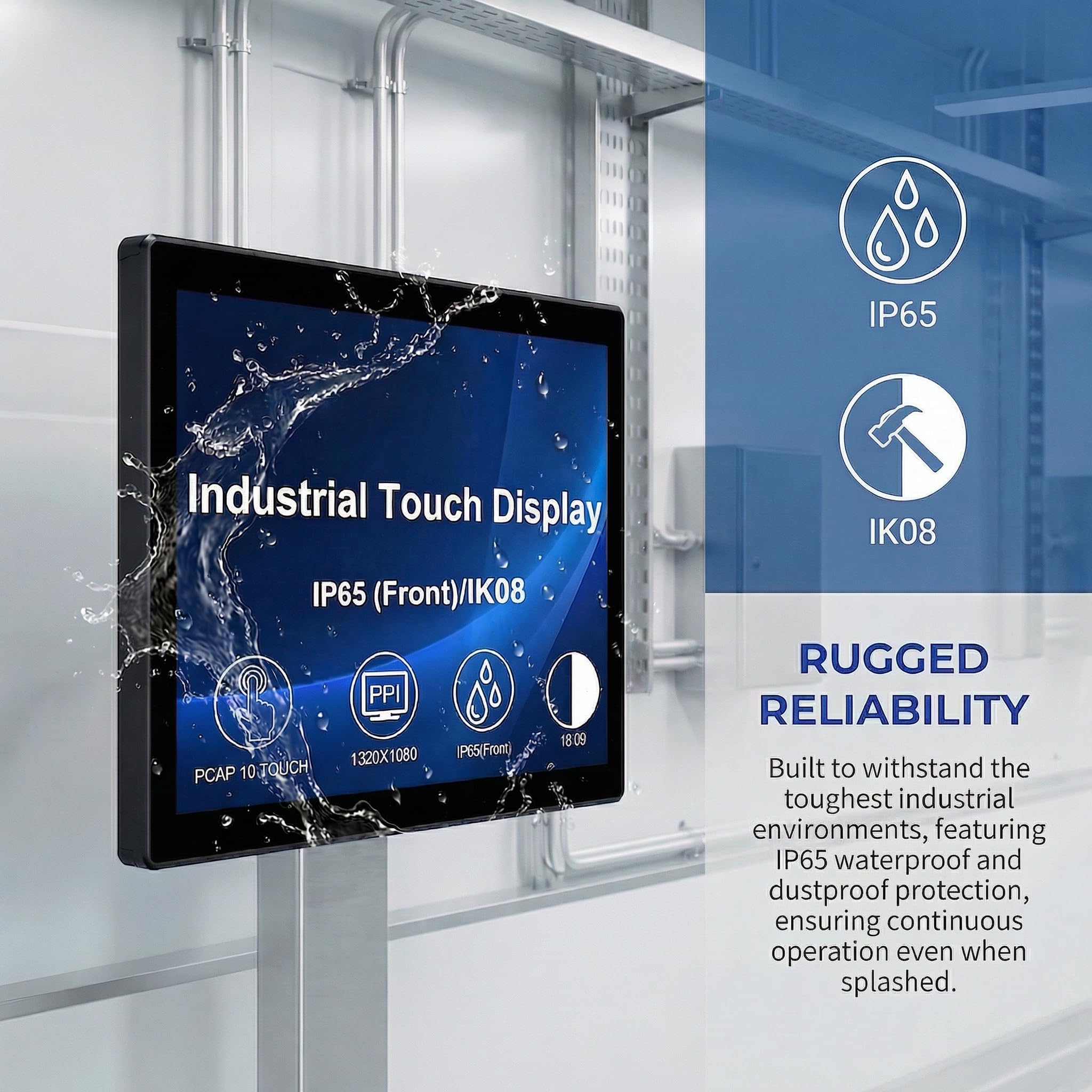 VSDISPLAY Monitor industriale di tocco di 13.3 pollici, 1920×1080, 300 nits | IP65 anteriore, tocco di 10 punti, ampio angolo di visione, corpo del metallo