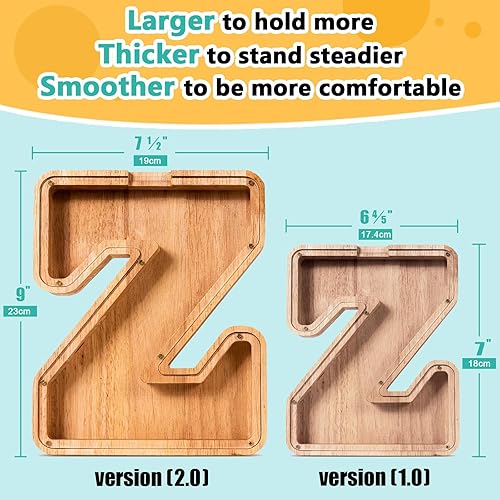 Miniatura 283 de SummiDate Alcancía de madera con nombre, niños y niñas, tamaño grande, letras alfabeto A-Z, monedas y billetes, inicial en cubierta transparente