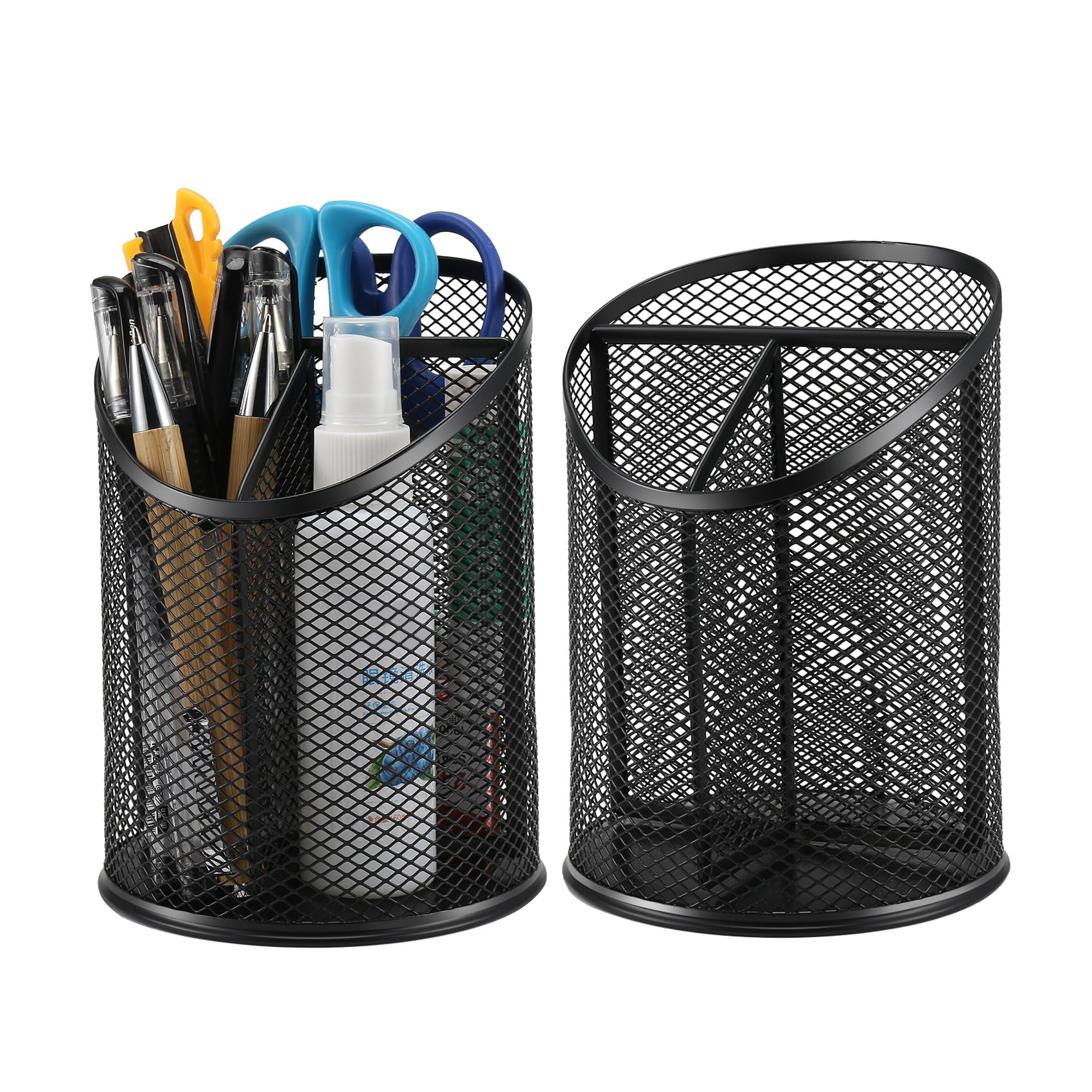 Tsudoku 2 Pack Pen Holder Mesh Round Pencil Holder Desktop Organizer 3 Compartments, Black