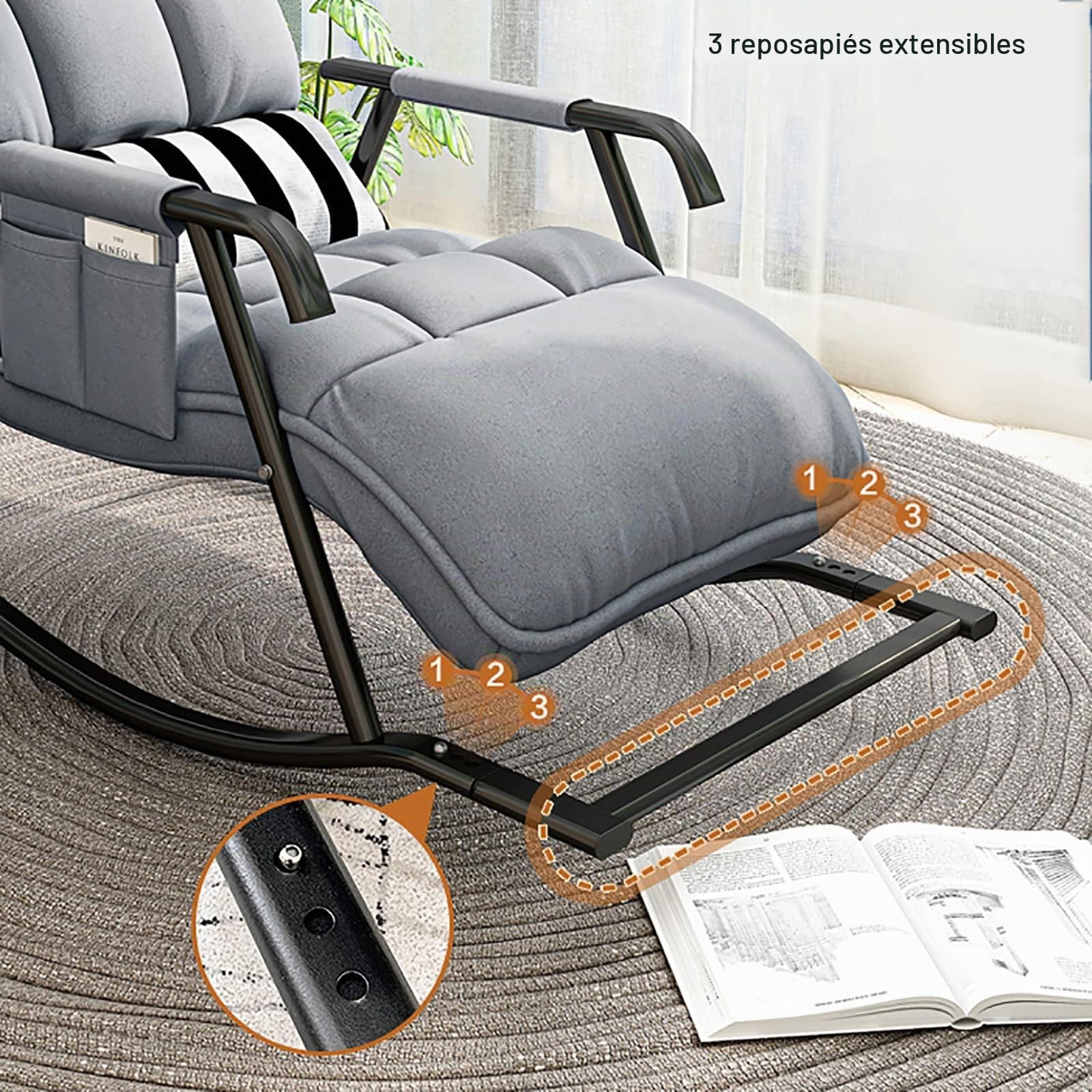 Mecedora XXL, sillón de salón para exteriores, extragrande, con acolchado, ajustable en 5 posiciones, para salón, dormitorio, balcón, jardín, hasta 150 kg (gris)