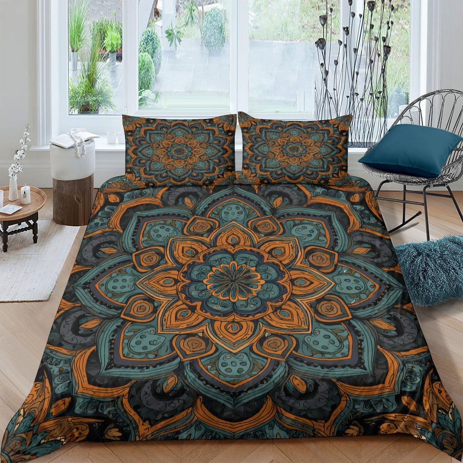 GPLZQXKJNH 3D Printed Mandala Floral Duvet Cover Set Microfiber Soft Breathable Boho Ethnic Bedding Set with 2 Pillowcases for Bedroom Decor Single（135x200cm）