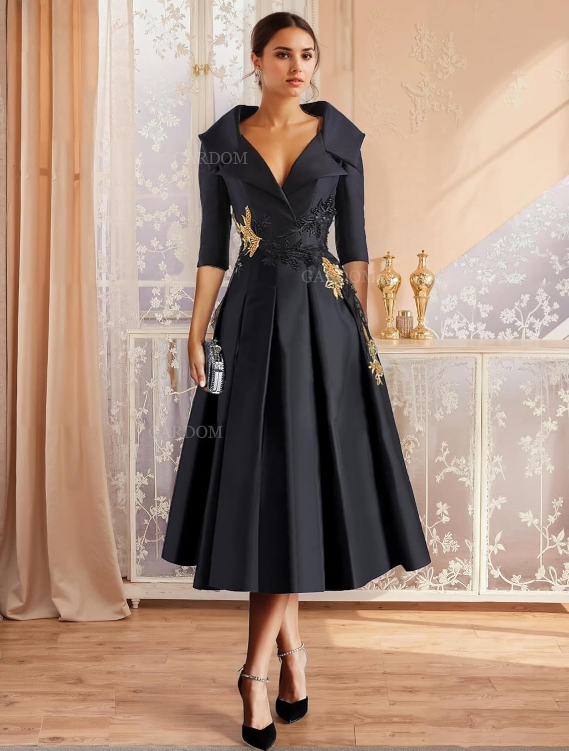 Long Sleeve Satin Mother of The Bride Dresses for Wedding Tea Length Formal Dress Lace Applique Prom Evening Gown - Image 2